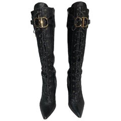 F/W 2000 Christian Dior Runway Black Snakeskin Logo Stiletto Boots 40