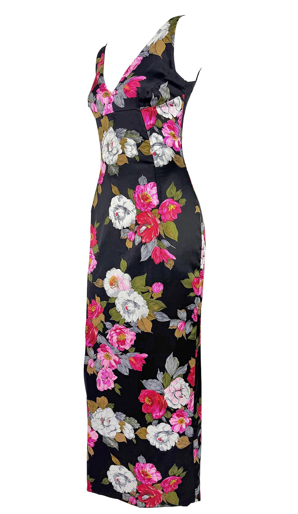 Women's F/W 2000 Dolce & Gabbana Black Satin Corset Boned Floral Print Evening Gown For Sale
