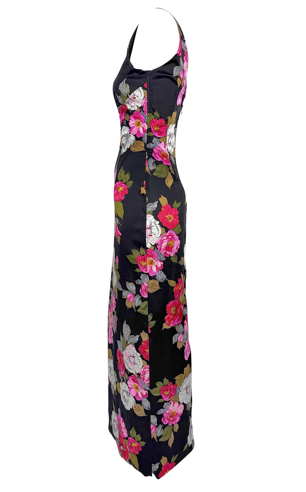 F/W 2000 Dolce & Gabbana Black Satin Corset Boned Floral Print Evening Gown For Sale 1