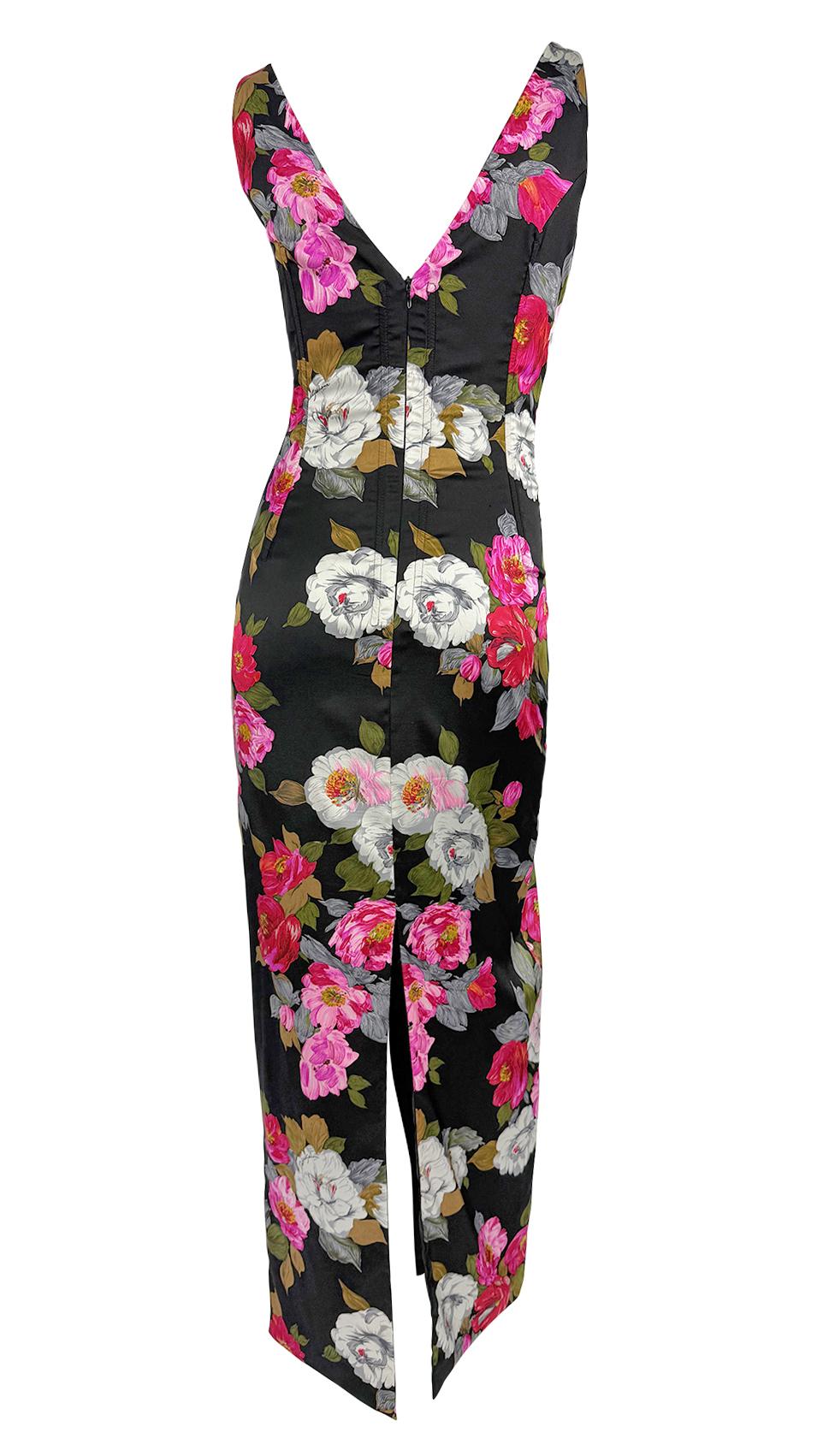 F/W 2000 Dolce & Gabbana Black Satin Corset Boned Floral Print Evening Gown For Sale 2