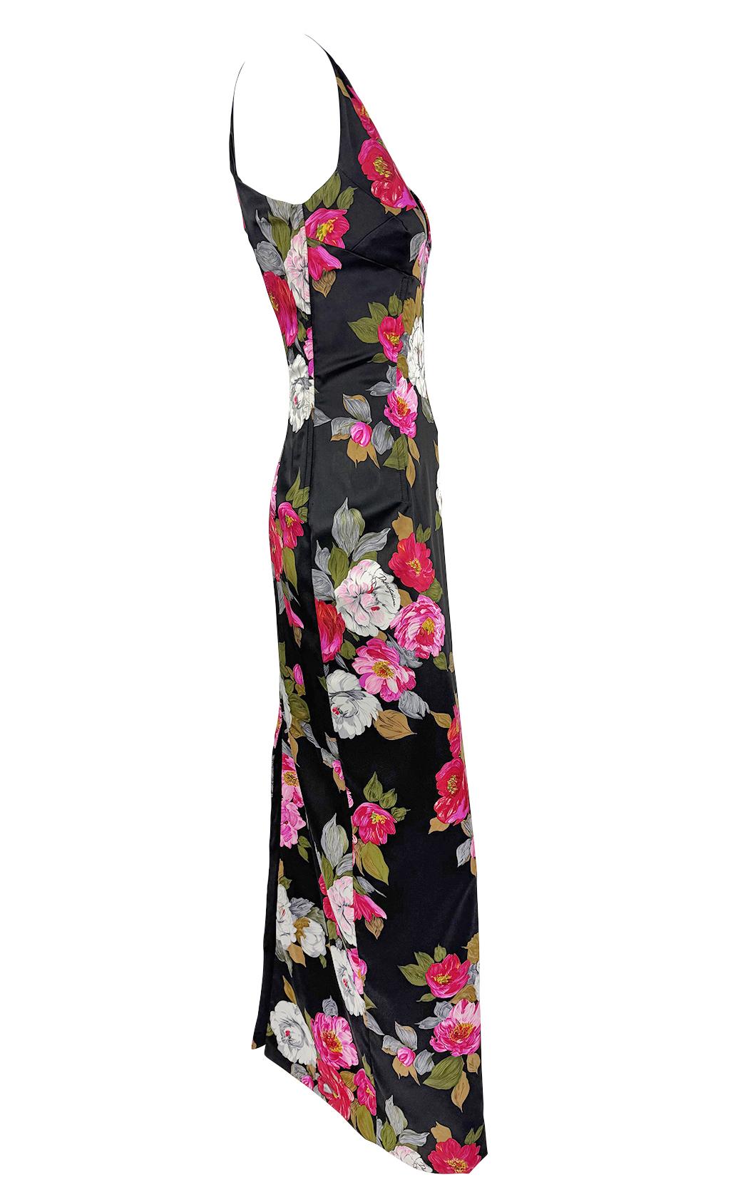 F/W 2000 Dolce & Gabbana Black Satin Corset Boned Floral Print Evening Gown For Sale 3