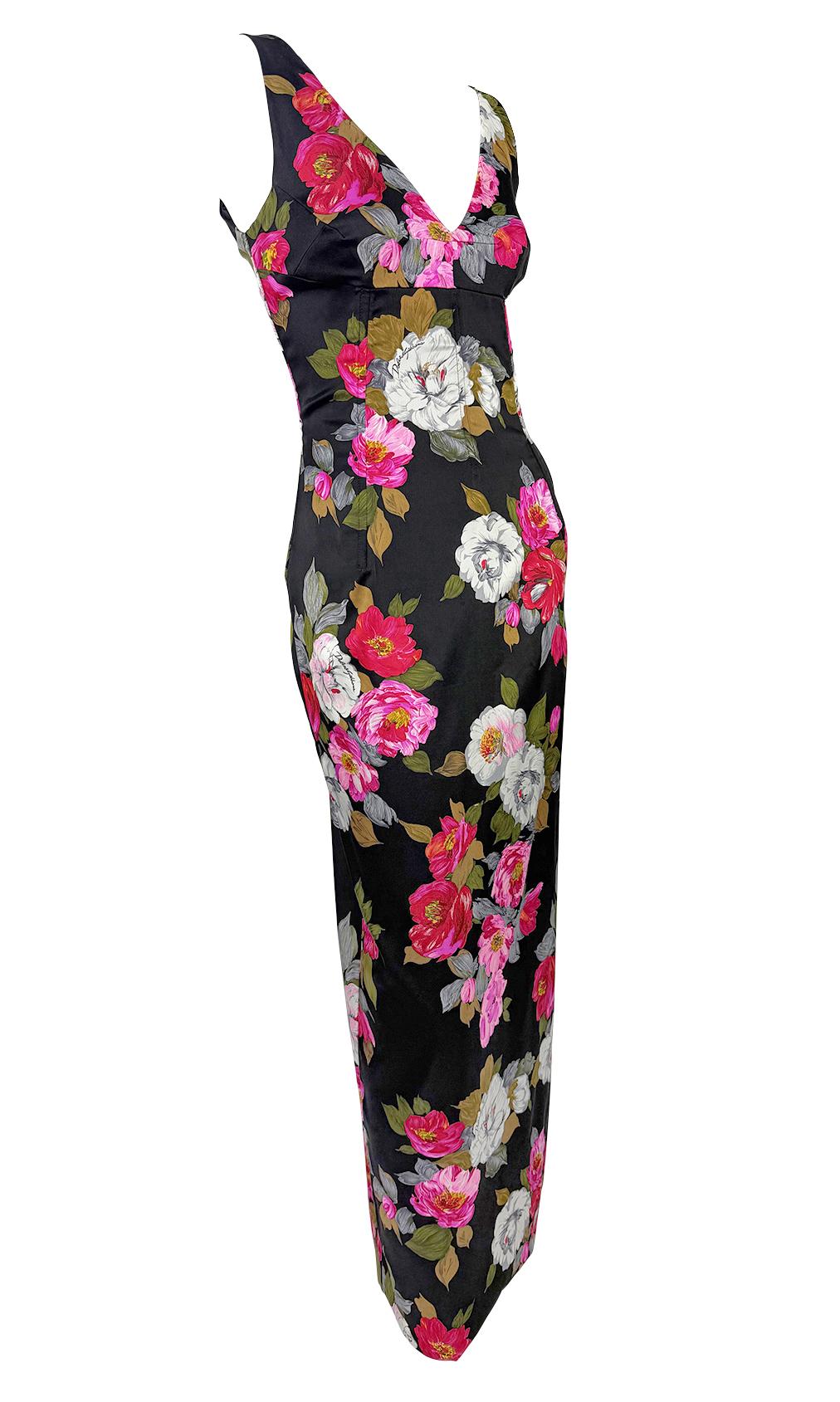 F/W 2000 Dolce & Gabbana Black Satin Corset Boned Floral Print Evening Gown For Sale 4