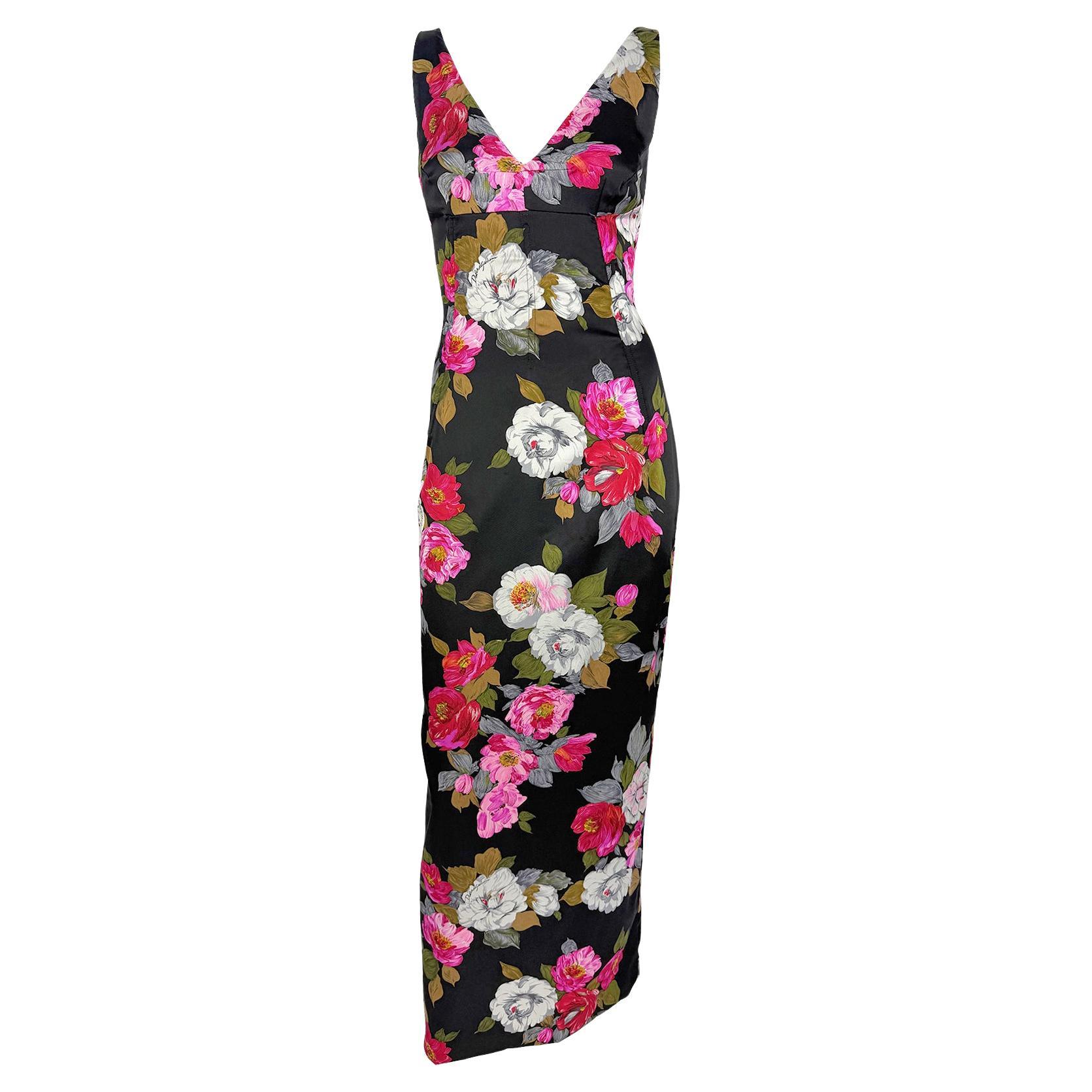 F/W 2000 Dolce & Gabbana Black Satin Corset Boned Floral Print Evening Gown For Sale