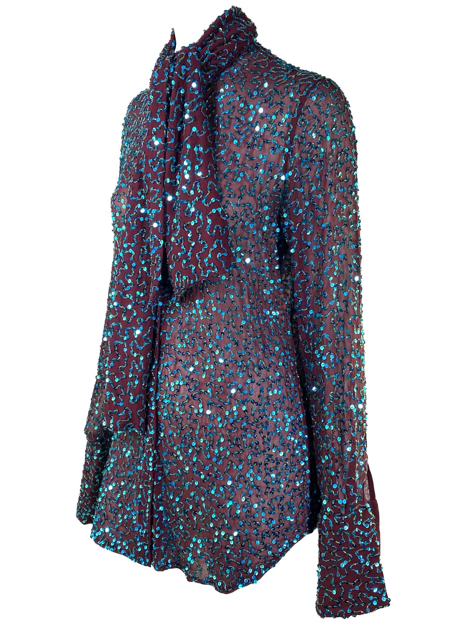 Noir Chemisier Dolce & Gabbana bleu à sequins et nœud lavallière transparente marron, A/H 2000 en vente