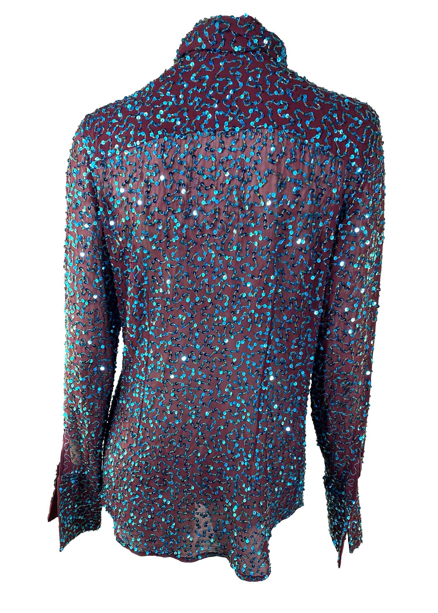 F/W 2000 Dolce & Gabbana Blue Sequin Pussy Bow Blouse Sheer Maroon In Good Condition For Sale In West Hollywood, CA