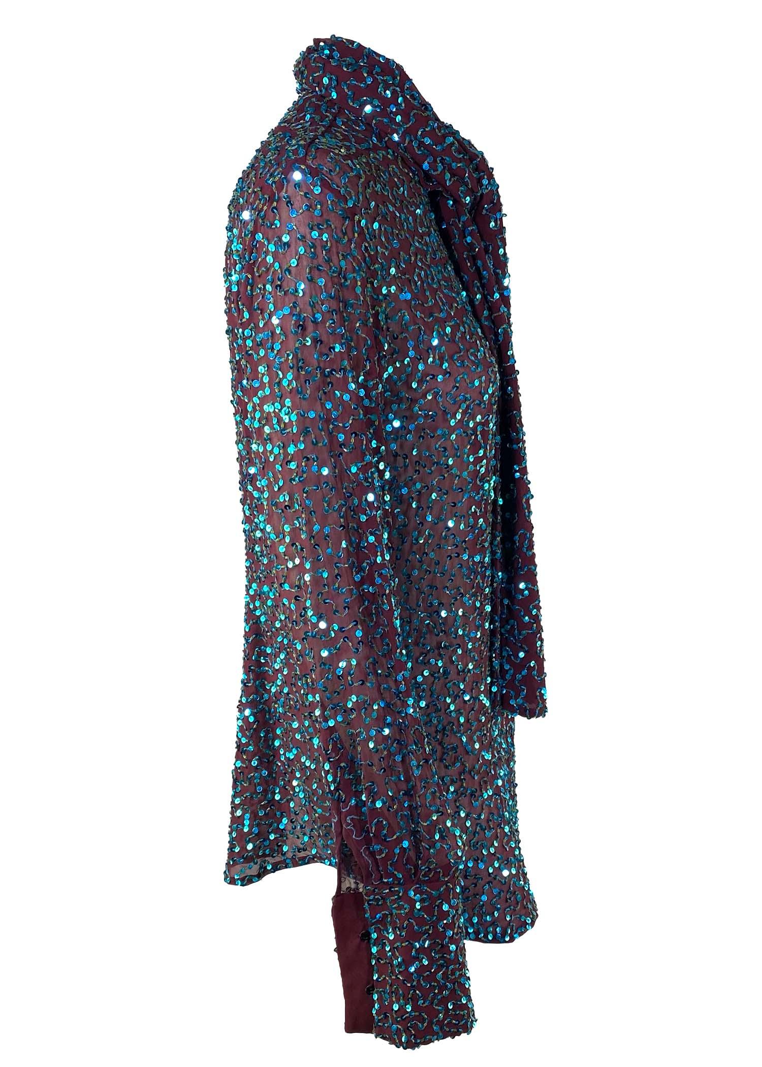 Chemisier Dolce & Gabbana bleu à sequins et nœud lavallière transparente marron, A/H 2000 en vente 3