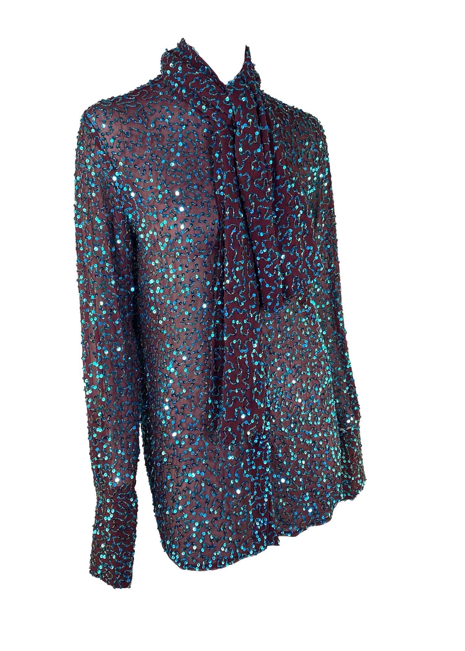 F/W 2000 Dolce & Gabbana Blue Sequin Pussy Bow Blouse Sheer Maroon For Sale 1