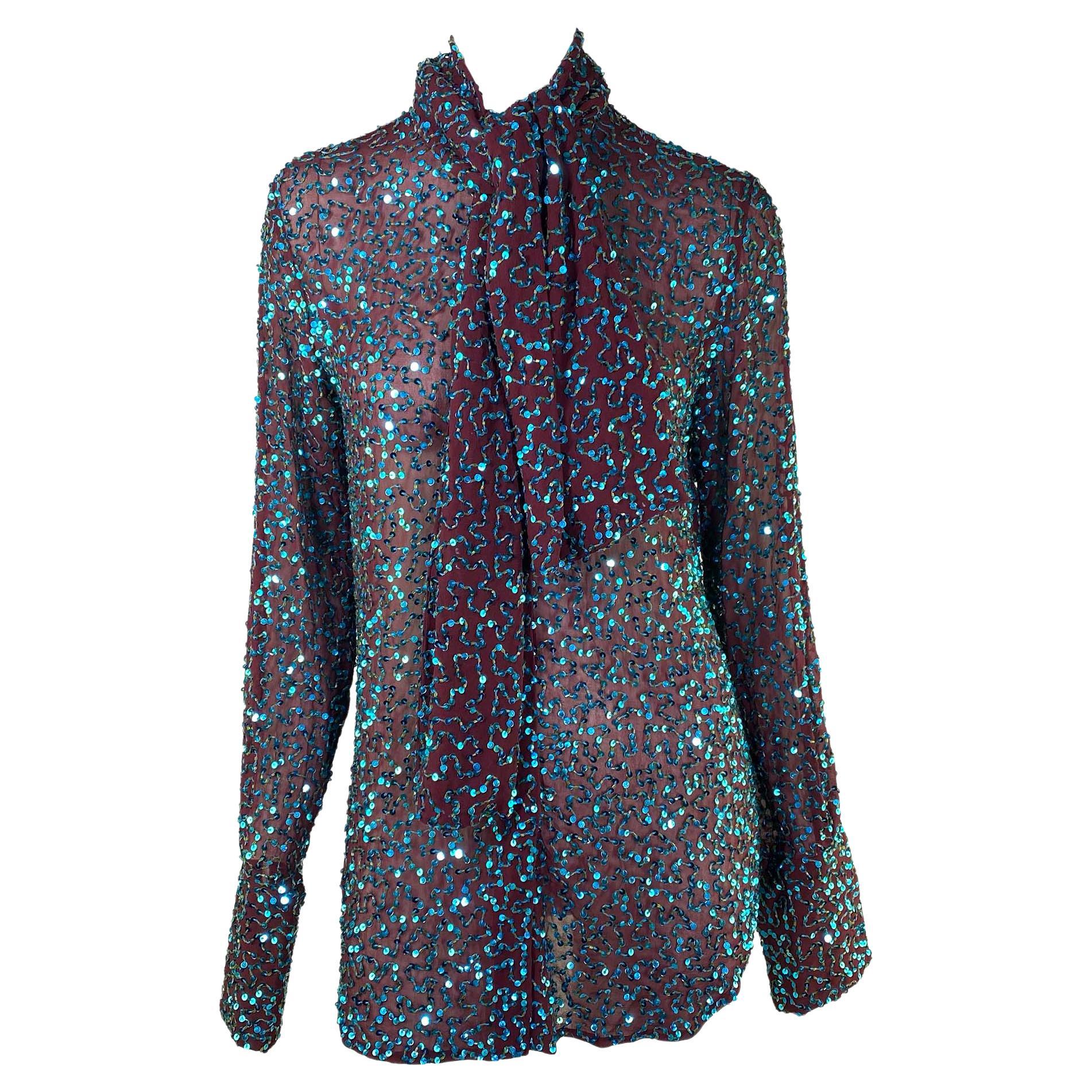 F/W 2000 Dolce & Gabbana Blue Sequin Pussy Bow Blouse Sheer Maroon For Sale