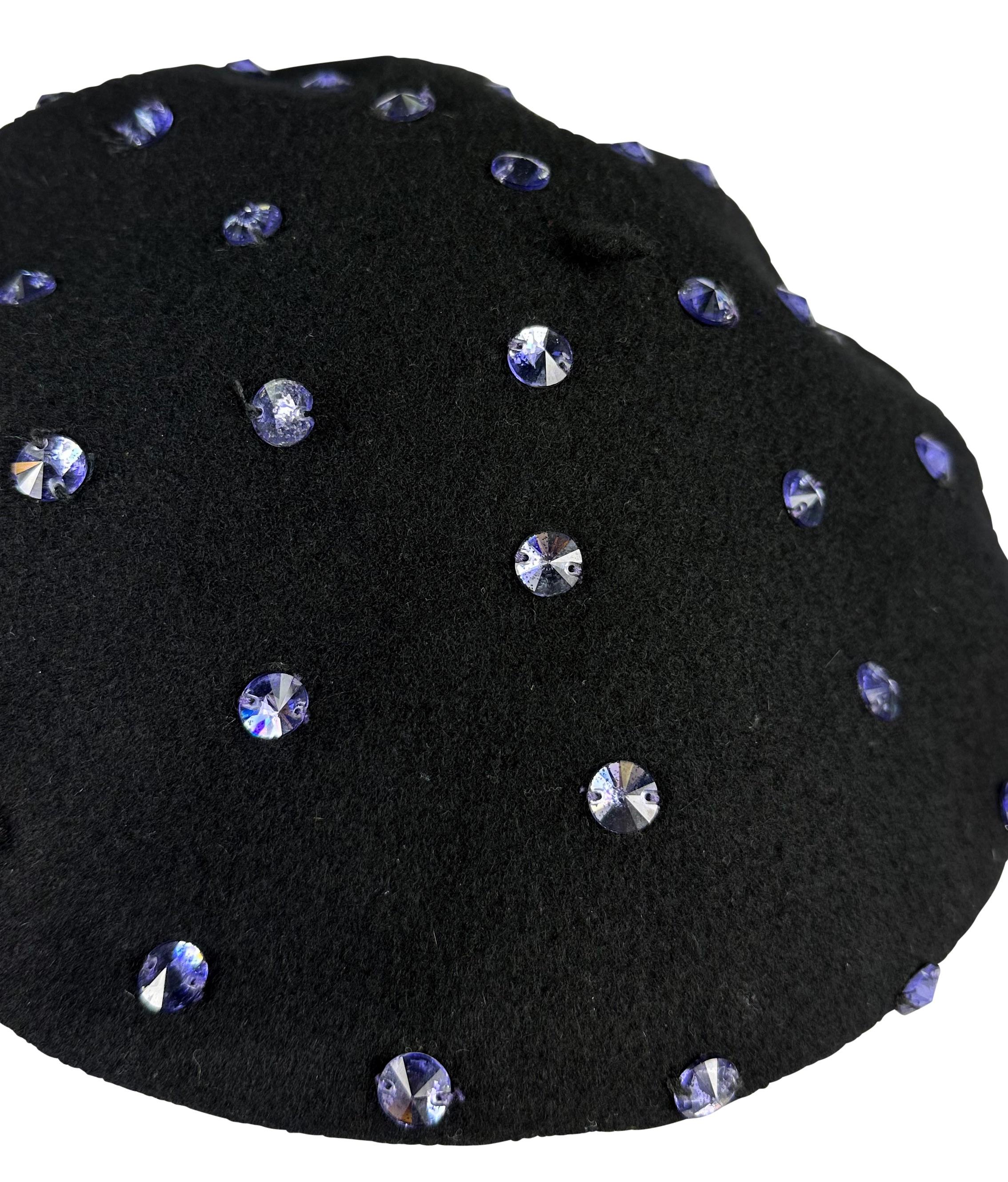 F/W 2000 Dolce & Gabbana Runway Ad Purple Rhinestone Black Beret Hat For Sale 2