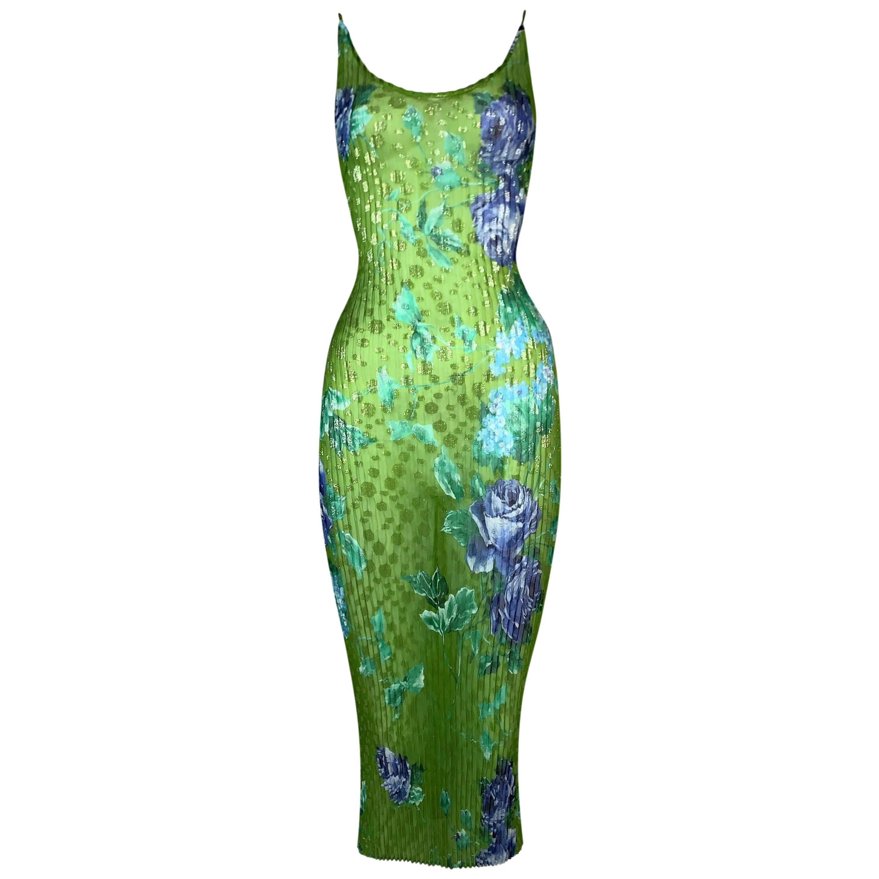 F/W 2000 Dolce & Gabbana Runway Sheer Green Floral Pleated Bodycon Dress