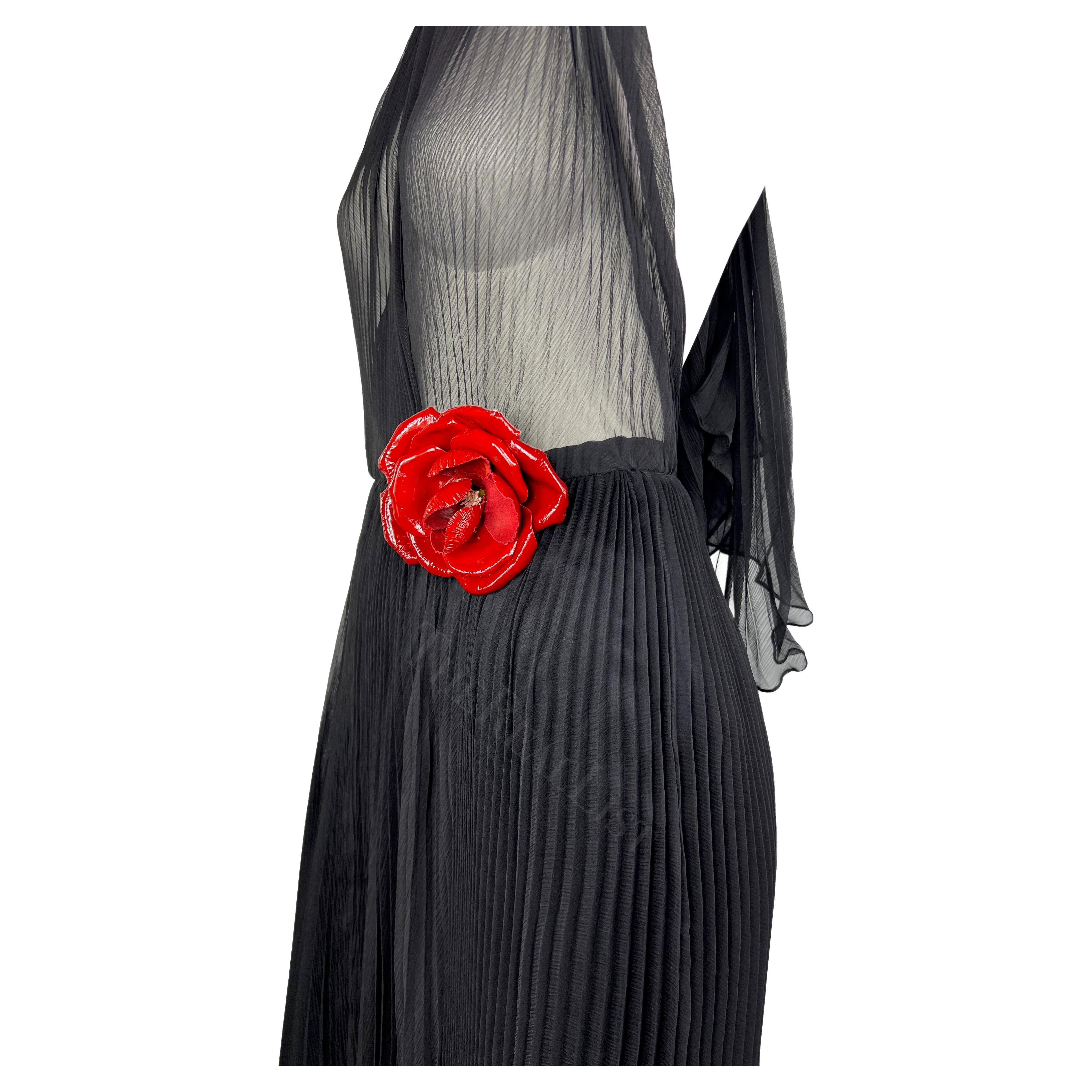 Women's F/W 2000 Dolce & Gabbana Runway Sheer Pleated Black Halter Maxi Gown Flower For Sale