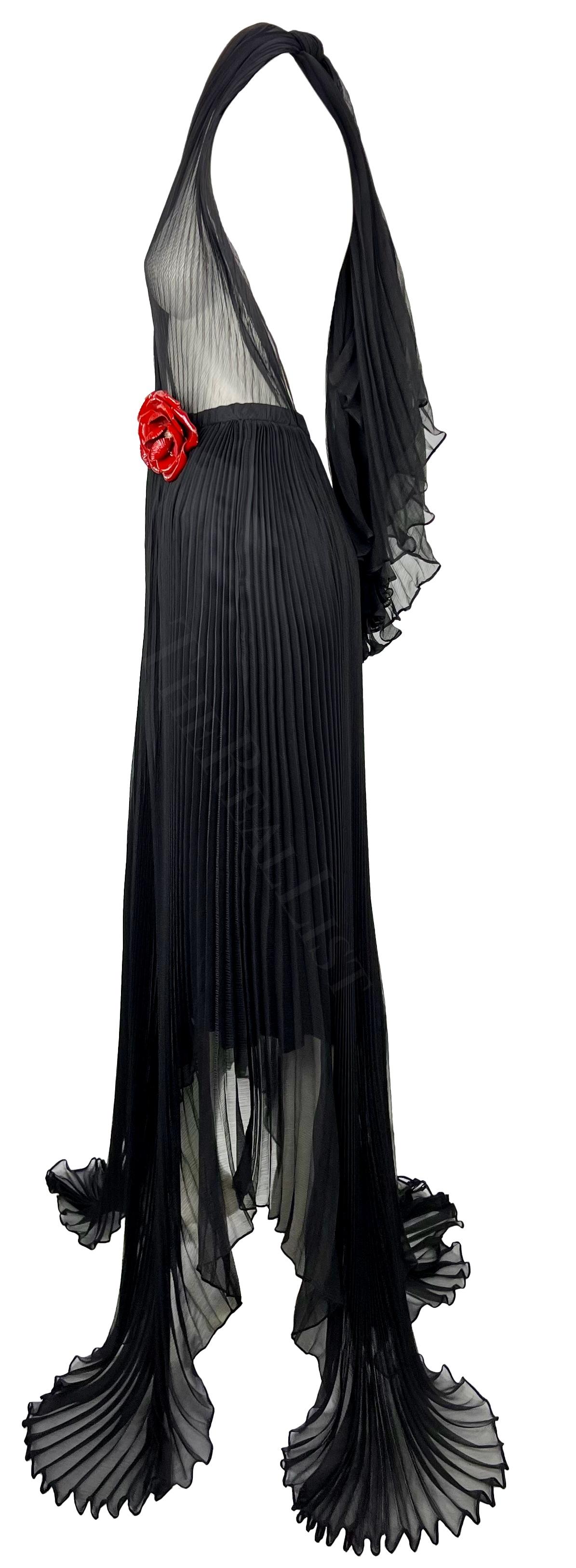 F/W 2000 Dolce & Gabbana Runway Sheer Pleated Black Halter Maxi Gown Flower For Sale 1