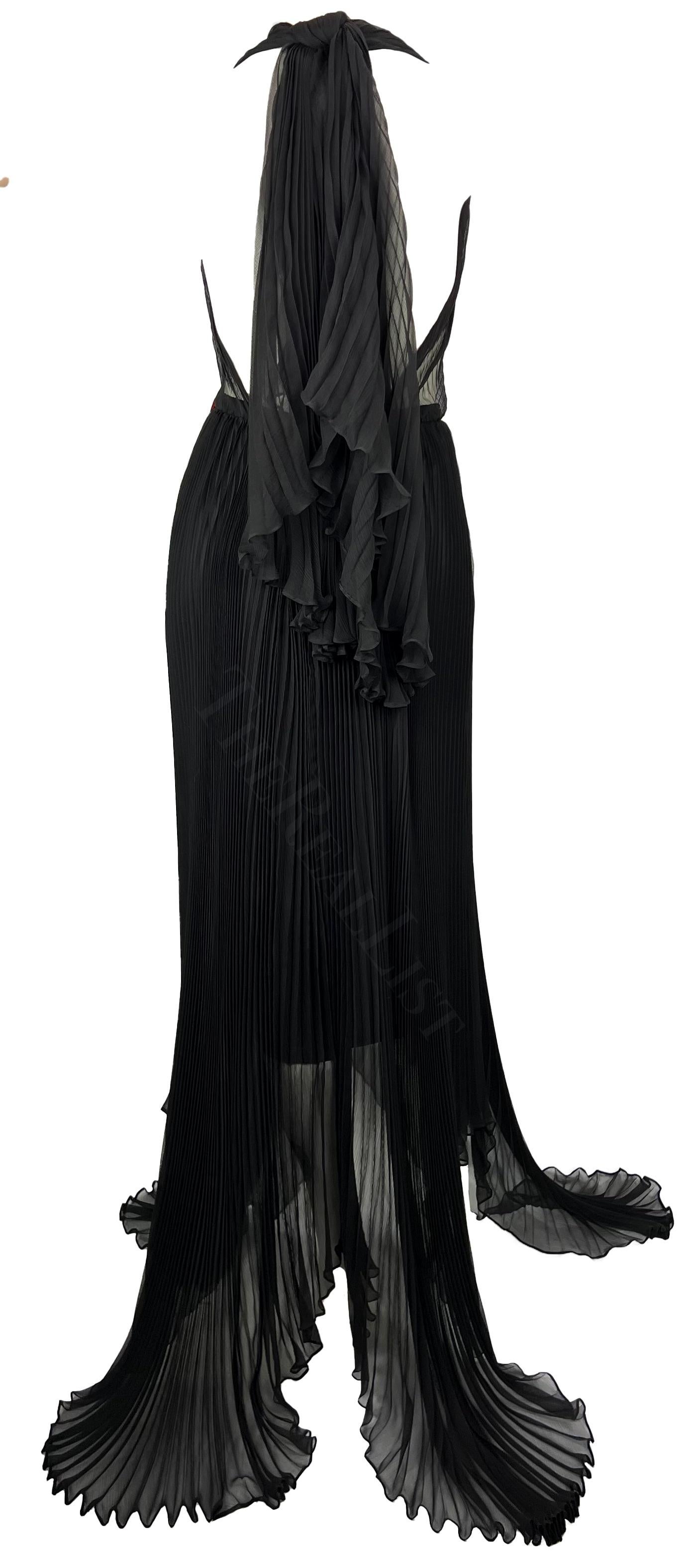 F/W 2000 Dolce & Gabbana Runway Sheer Pleated Black Halter Maxi Gown Flower For Sale 2