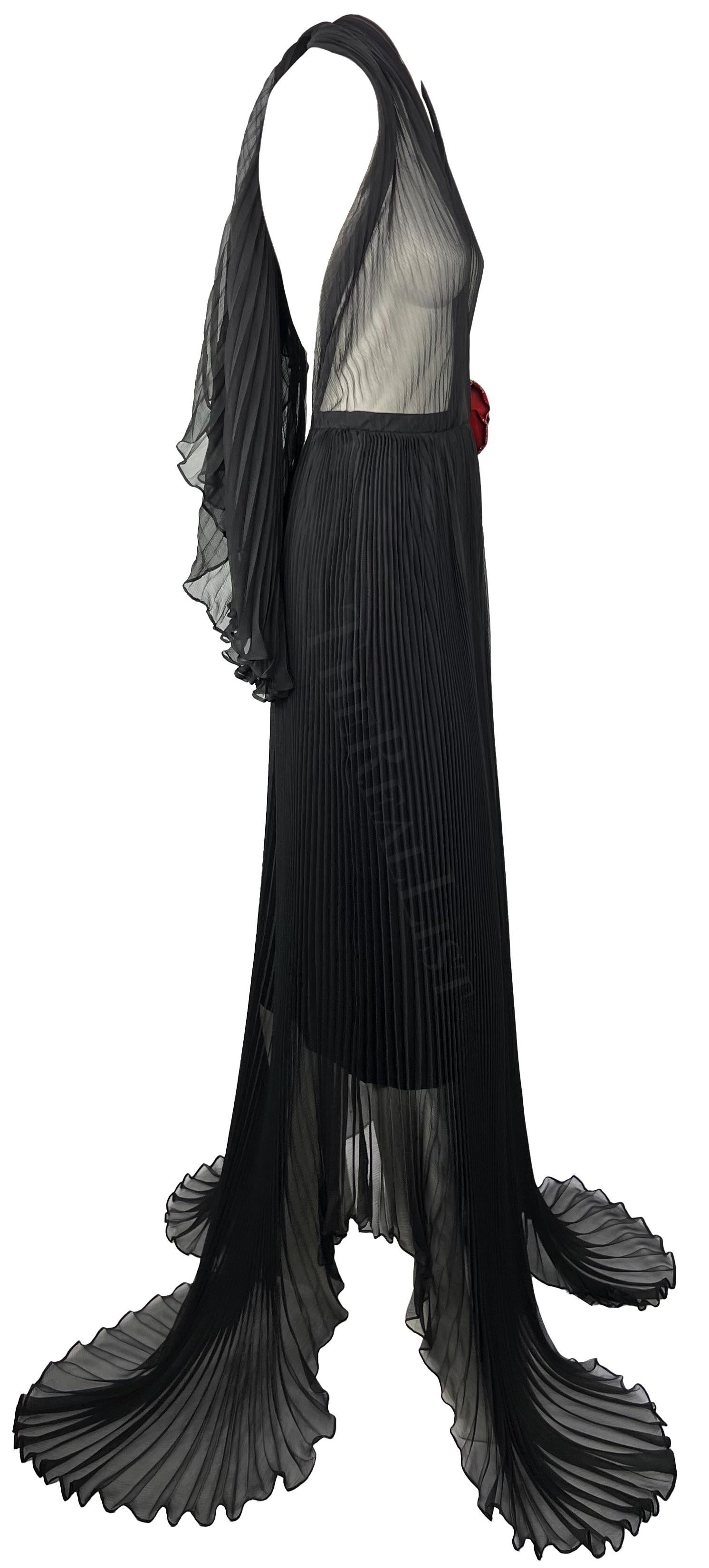 F/W 2000 Dolce & Gabbana Runway Sheer Pleated Black Halter Maxi Gown Flower For Sale 3