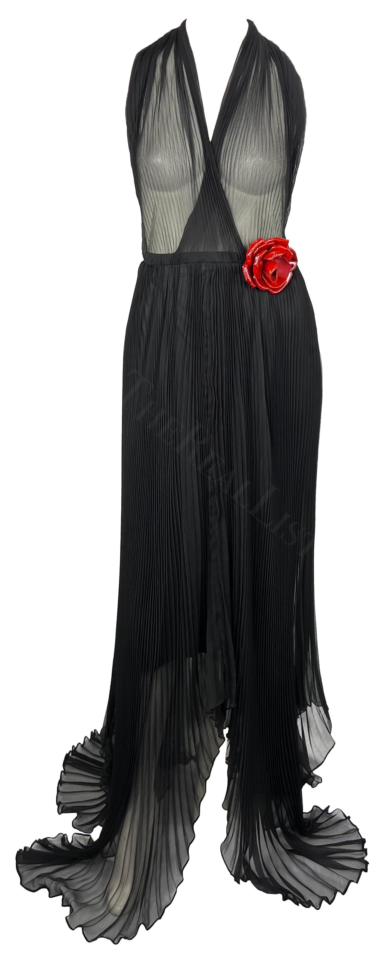 F/W 2000 Dolce & Gabbana Runway Sheer Pleated Black Halter Maxi Gown Flower For Sale 4