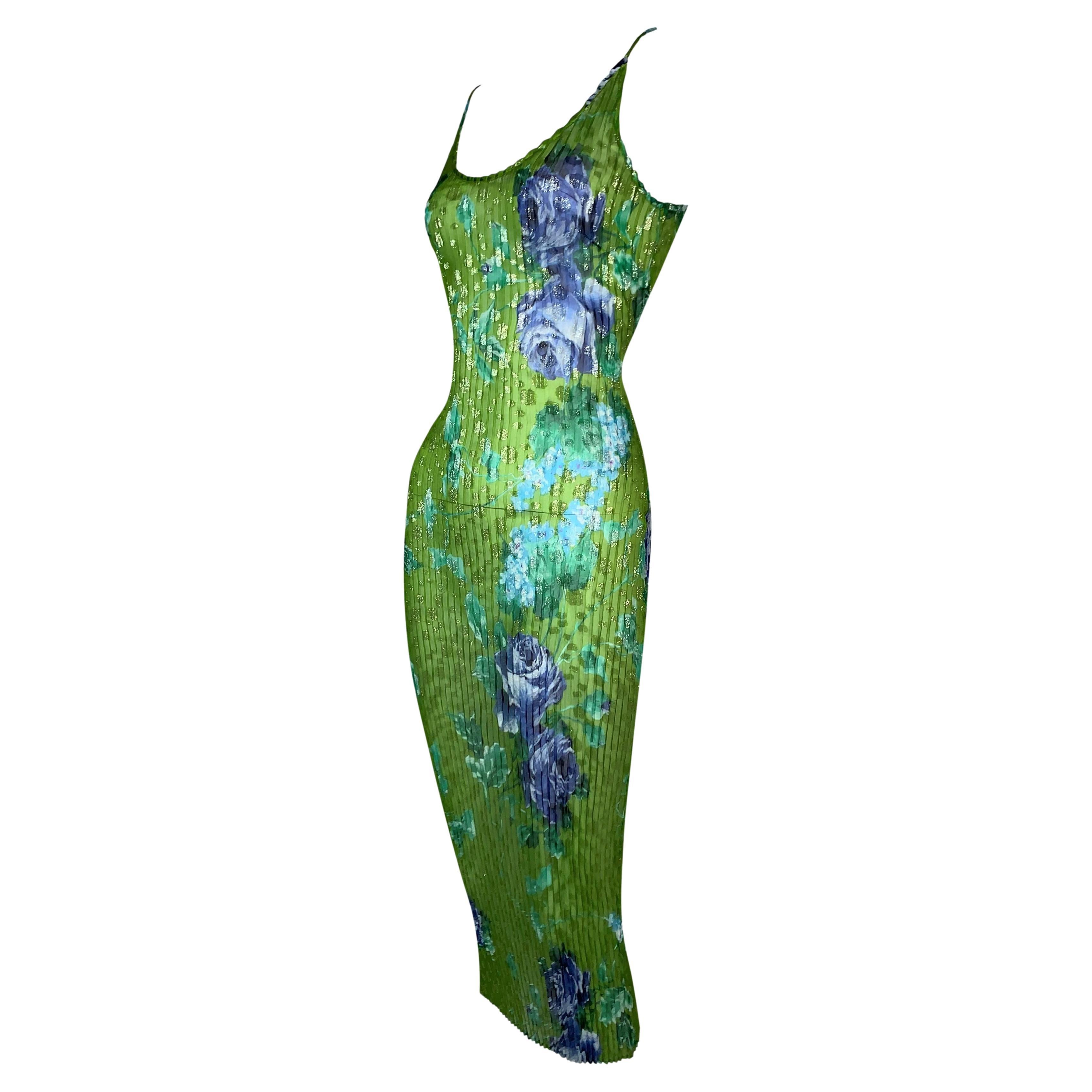 F/W 2000 Dolce & Gabbana Sheer Green Floral Pleated Bodycon Dress