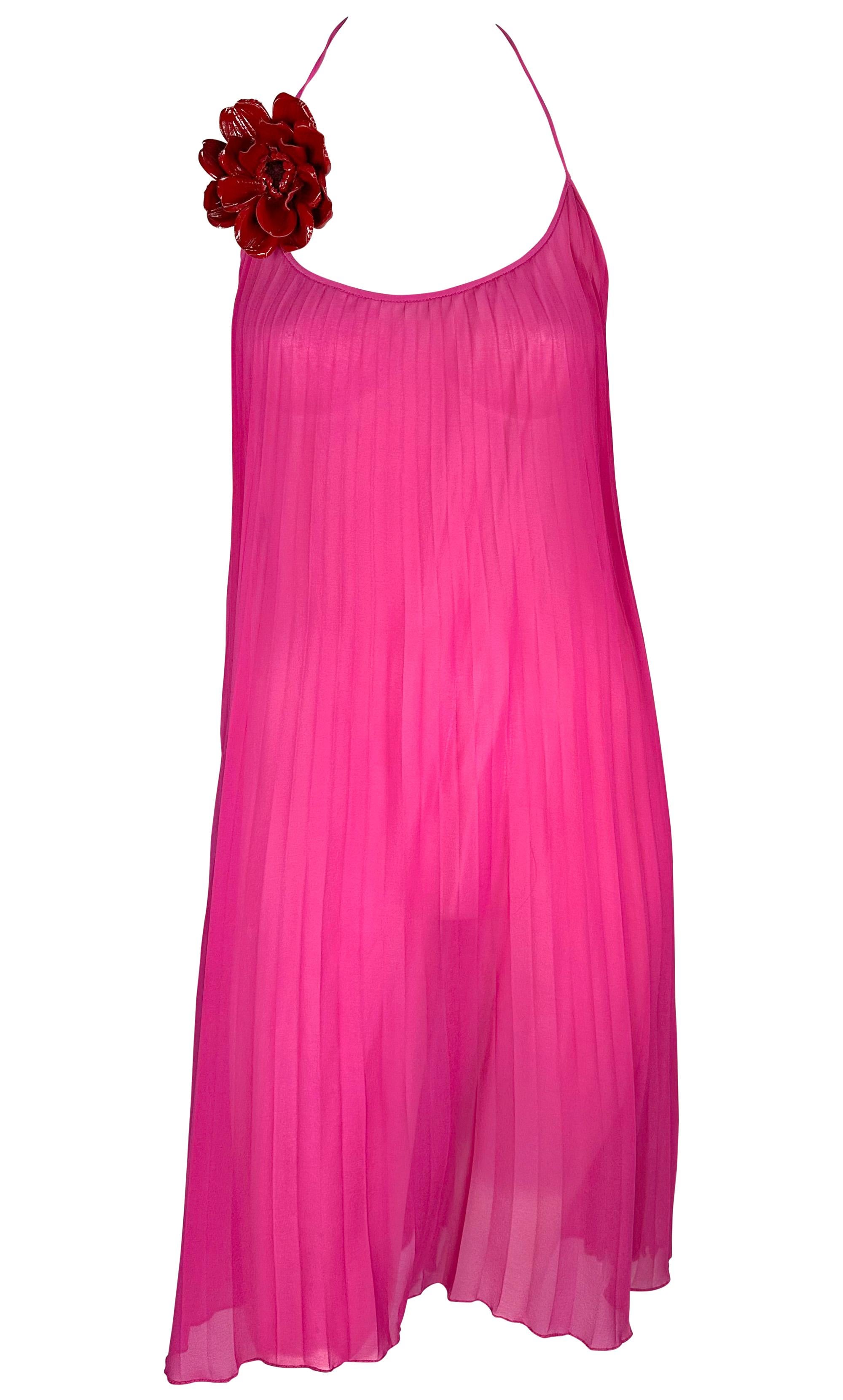 F/W 2000 Dolce & Gabbana Sheer Hot Pink Pleated Chiffon Floral Appliqué Dress For Sale 6