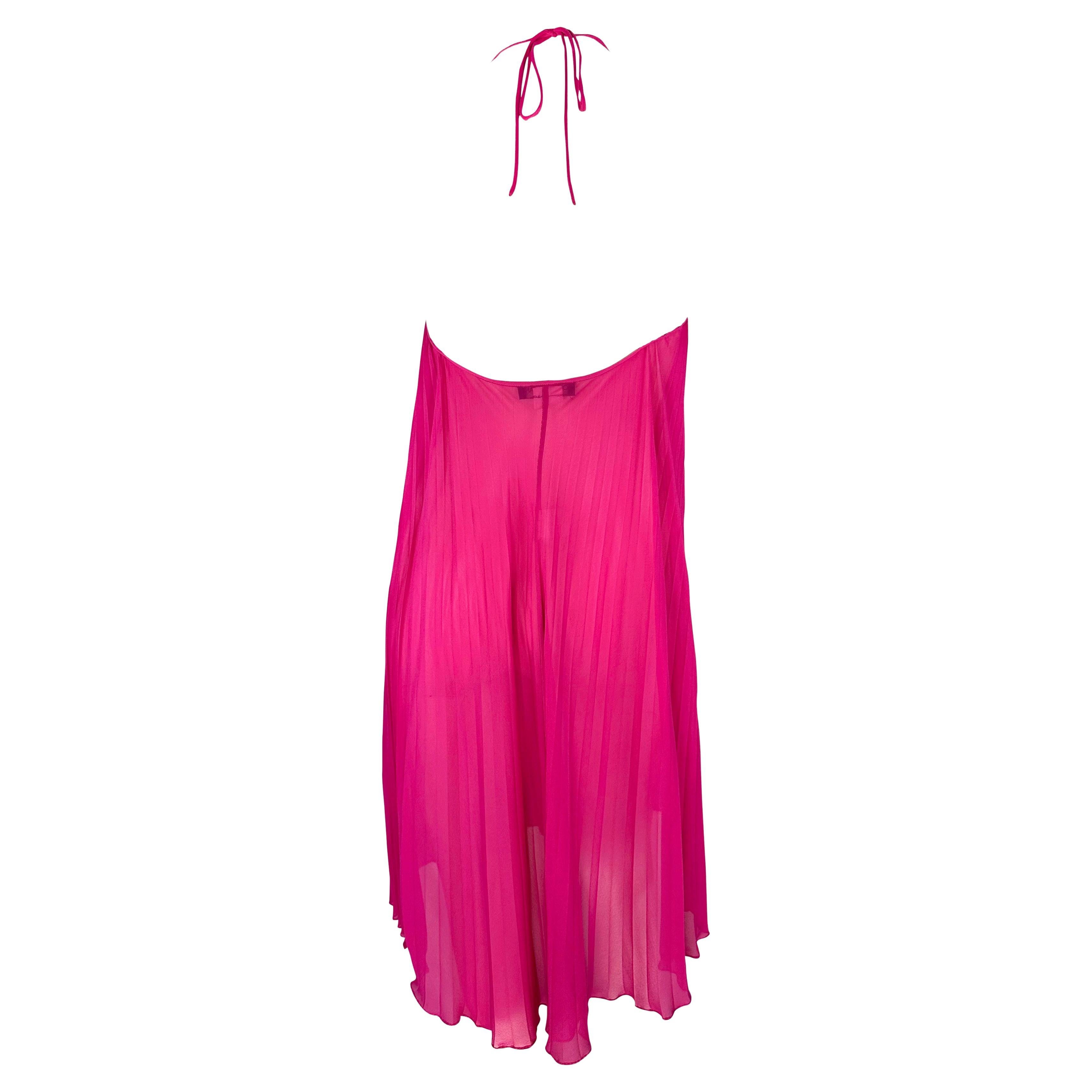 F/W 2000 Dolce & Gabbana Sheer Hot Pink Pleated Chiffon Floral Appliqué Dress For Sale 7