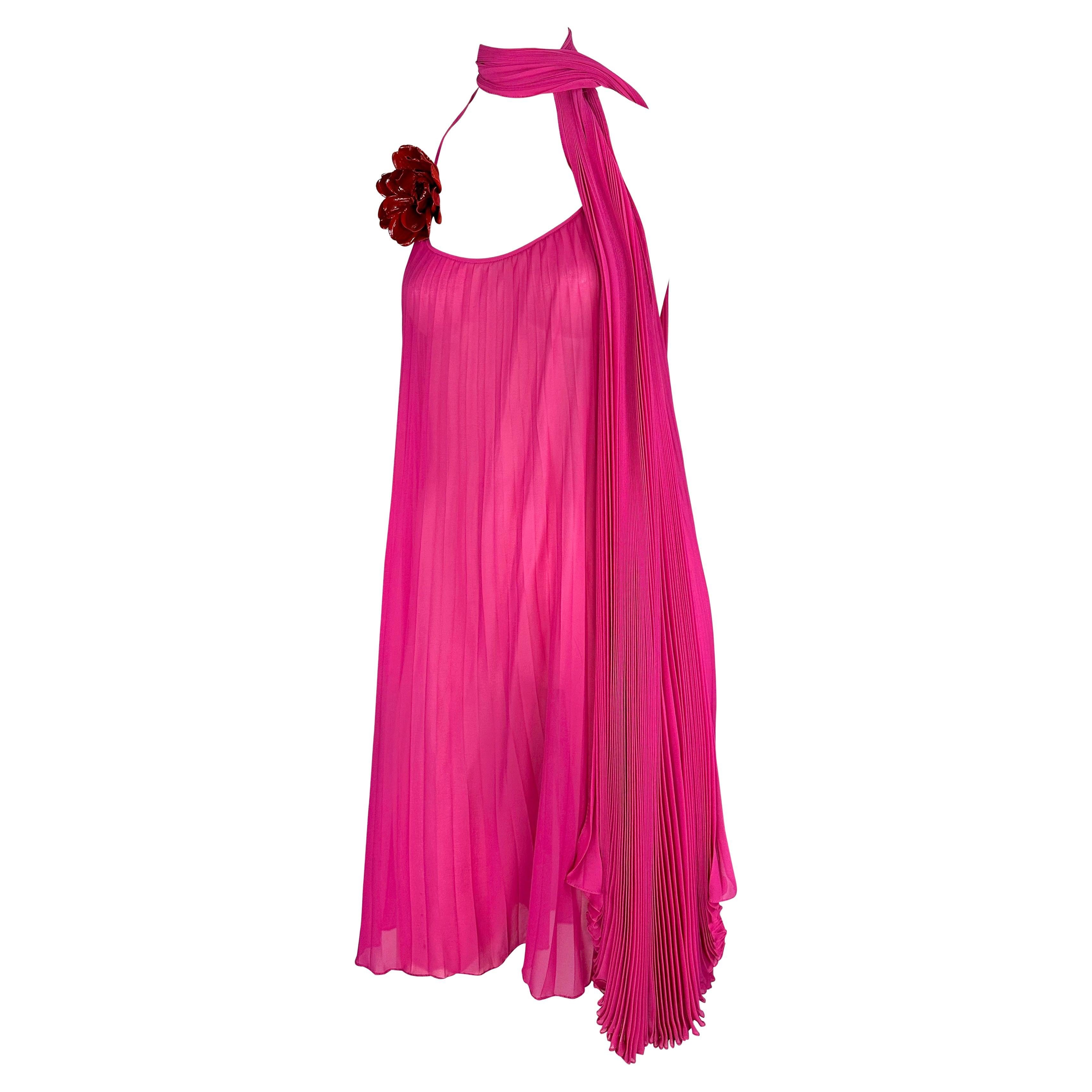 F/W 2000 Dolce & Gabbana Sheer Hot Pink Pleated Chiffon Floral Appliqué Dress For Sale 1