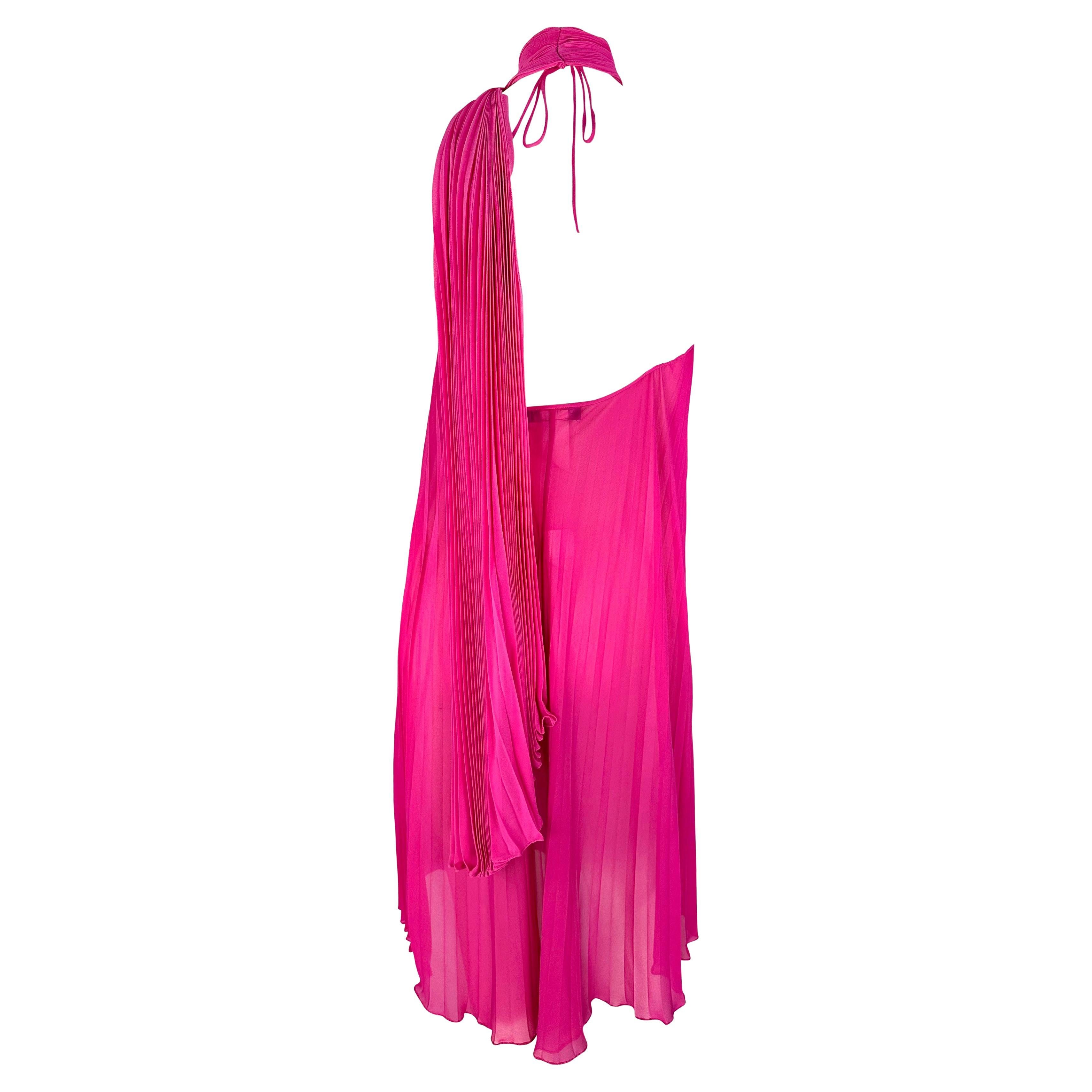F/W 2000 Dolce & Gabbana Sheer Hot Pink Pleated Chiffon Floral Appliqué Dress For Sale 3