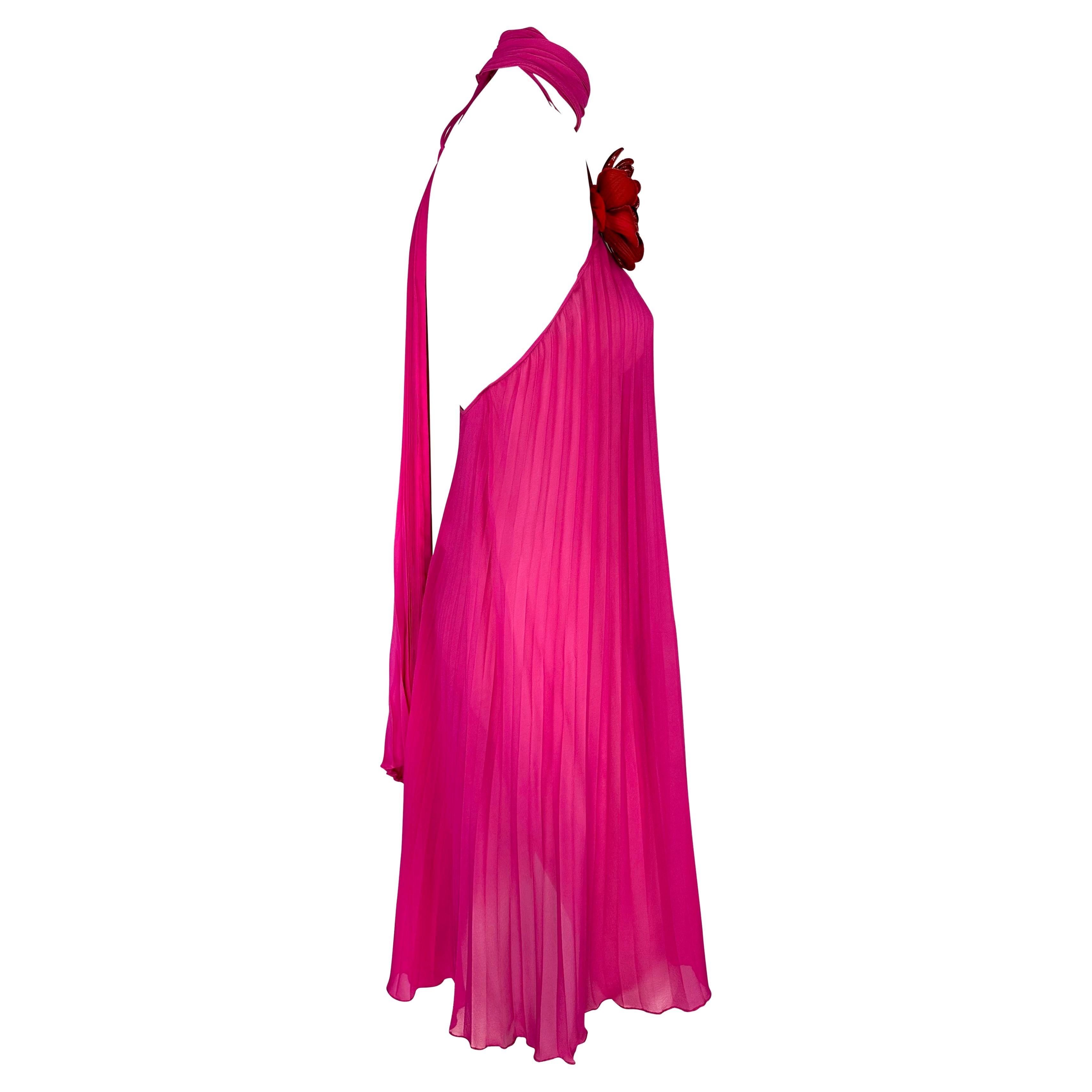 F/W 2000 Dolce & Gabbana Sheer Hot Pink Pleated Chiffon Floral Appliqué Dress For Sale 4