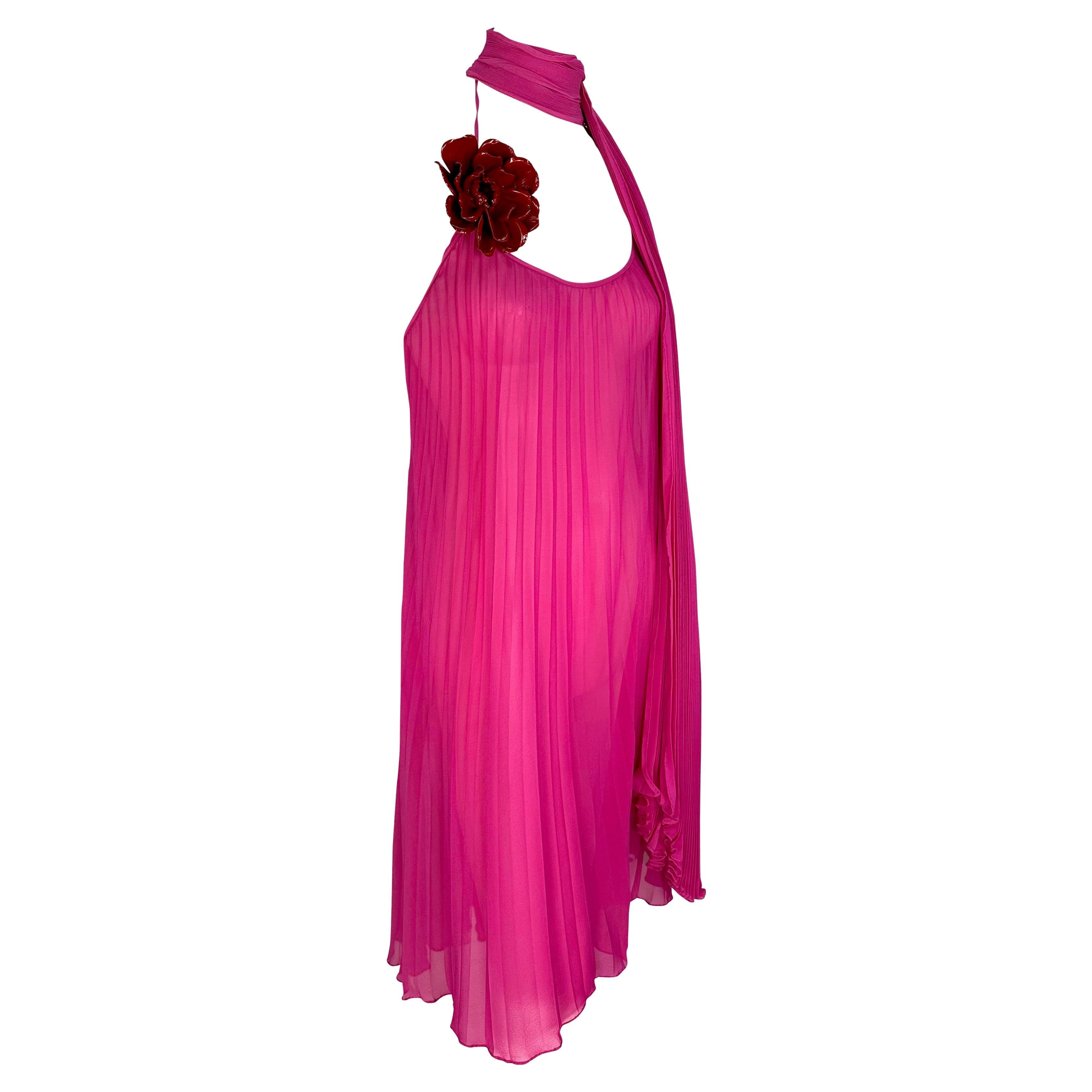 F/W 2000 Dolce & Gabbana Sheer Hot Pink Pleated Chiffon Floral Appliqué Dress For Sale 5