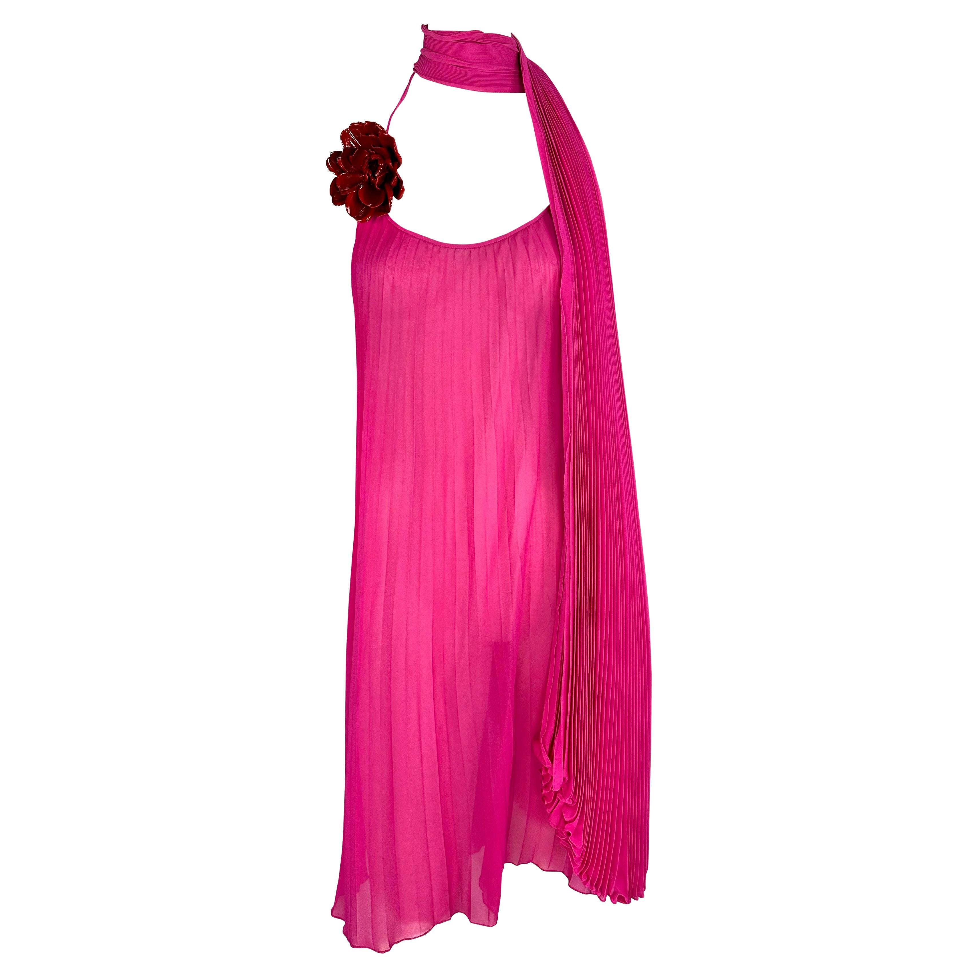 F/W 2000 Dolce & Gabbana Sheer Hot Pink Pleated Chiffon Floral Appliqué Dress For Sale
