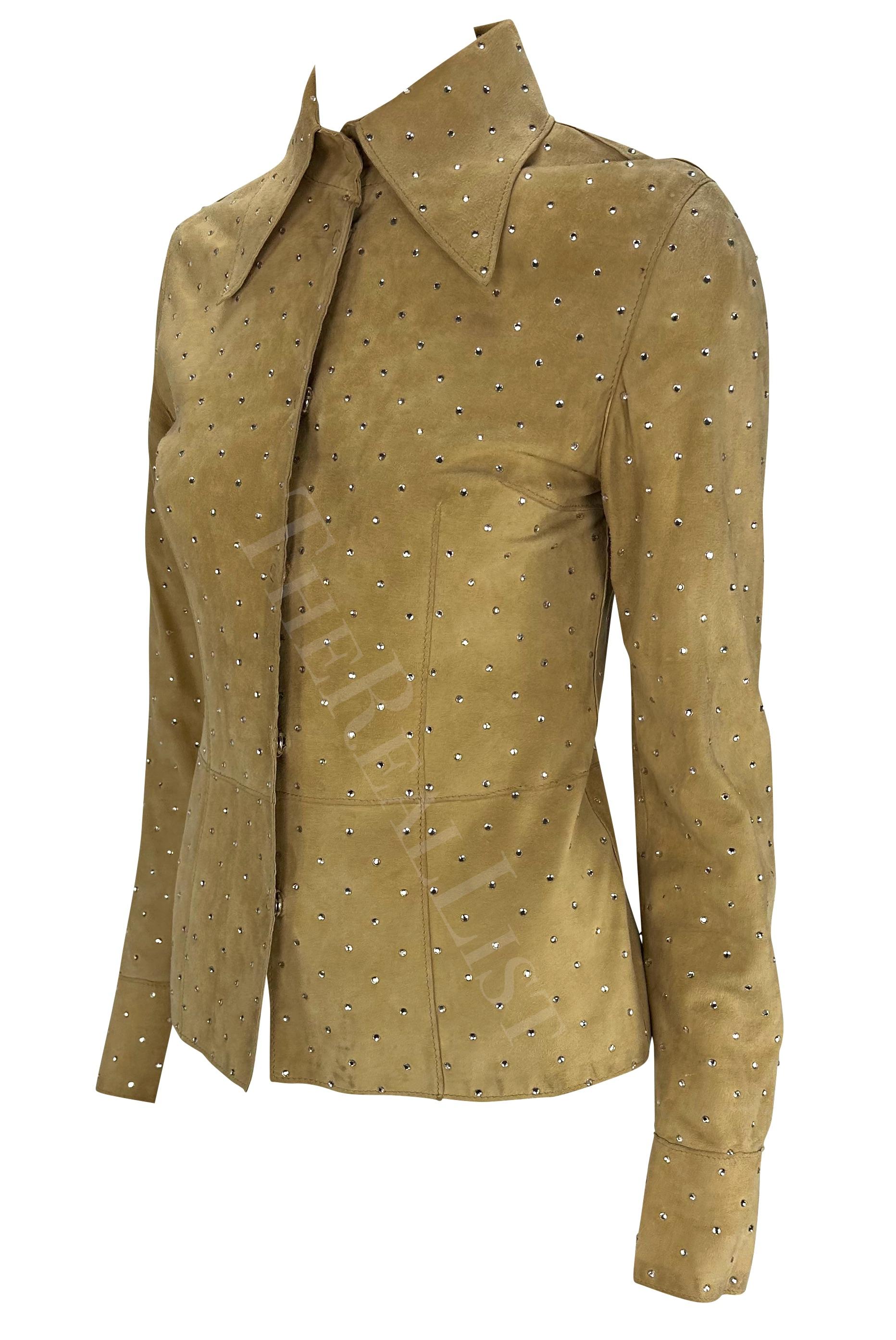F/W 2000 Dolce & Gabbana Tan Suede Rhinestone Accented Shirt Jacket In Good Condition For Sale In West Hollywood, CA