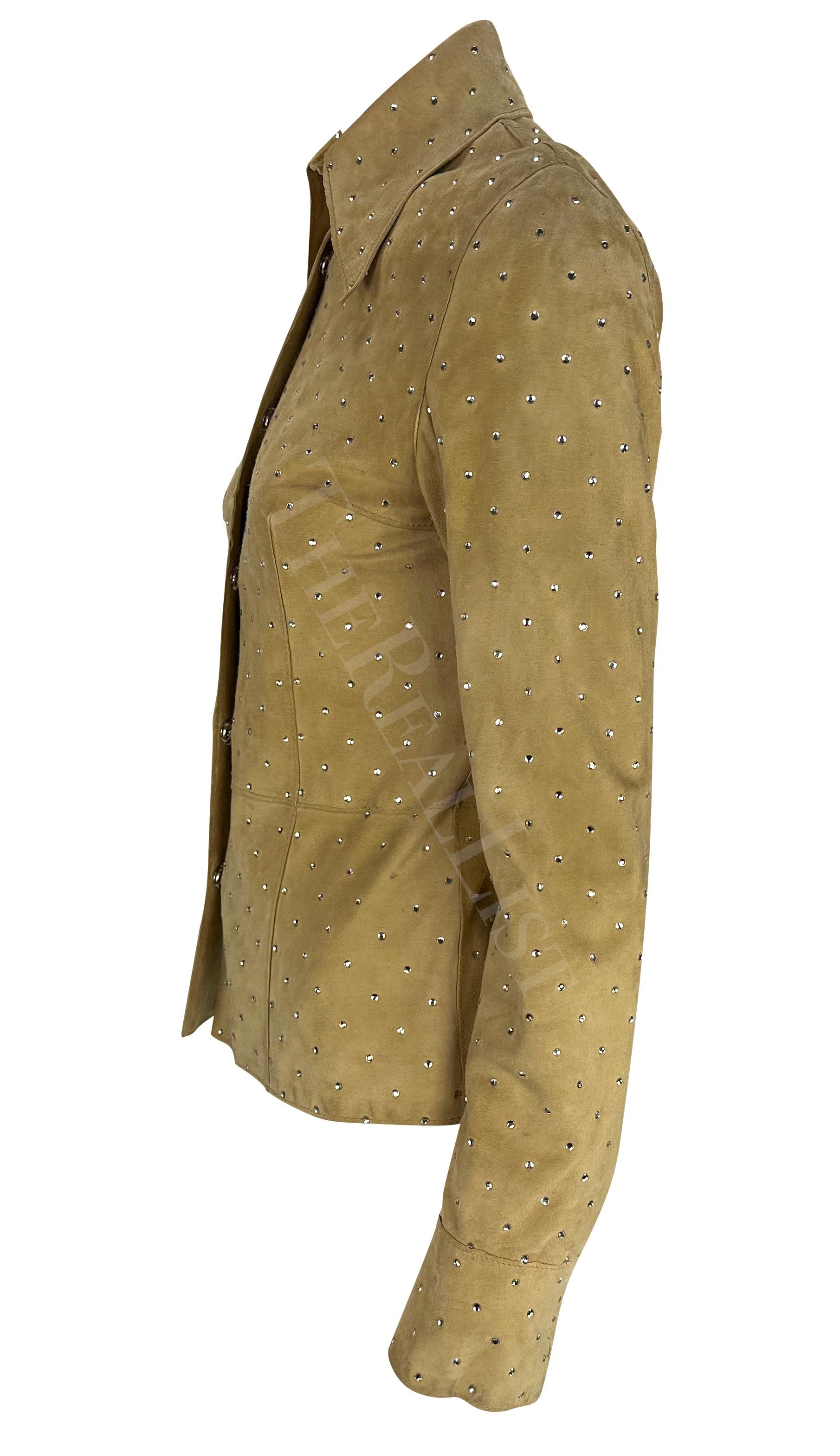 F/W 2000 Dolce & Gabbana Tan Suede Rhinestone Accented Shirt Jacket In Good Condition For Sale In West Hollywood, CA
