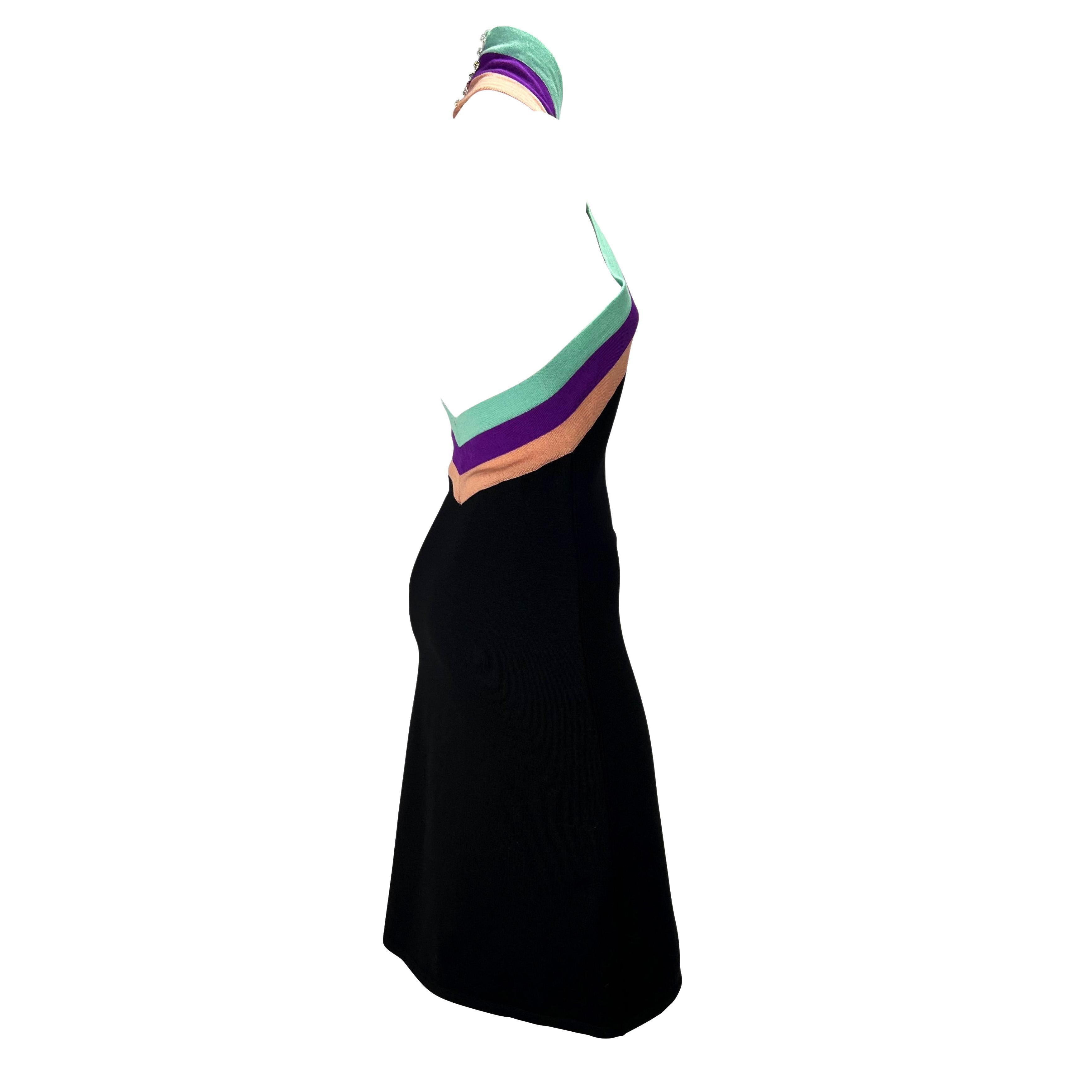 F/W 2000 Gianni Versace by Donatella Black Stretch Knit Crystal Halter Dress For Sale 1