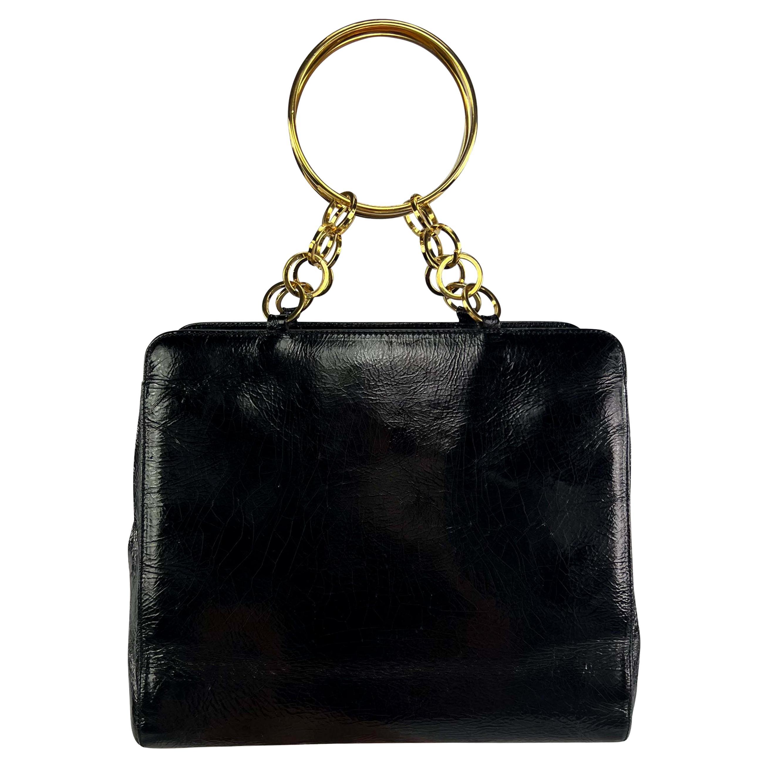 F/W 2000 Gianni Versace by Donatella Gold Ring Chain Black Patent Leather Bag For Sale