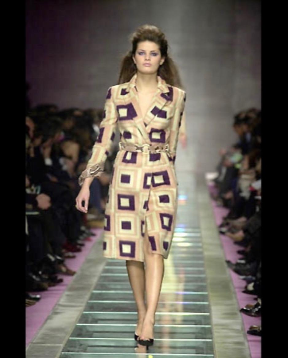 Presenting an absolutely incredible light pink geometric Gianni Versace wool coat, designed by Donatella Versace. From the Fall/Winter 2000 collection, this coat debuted on the season's runway as part of look  12 modeled by Isabeli Fontana. This