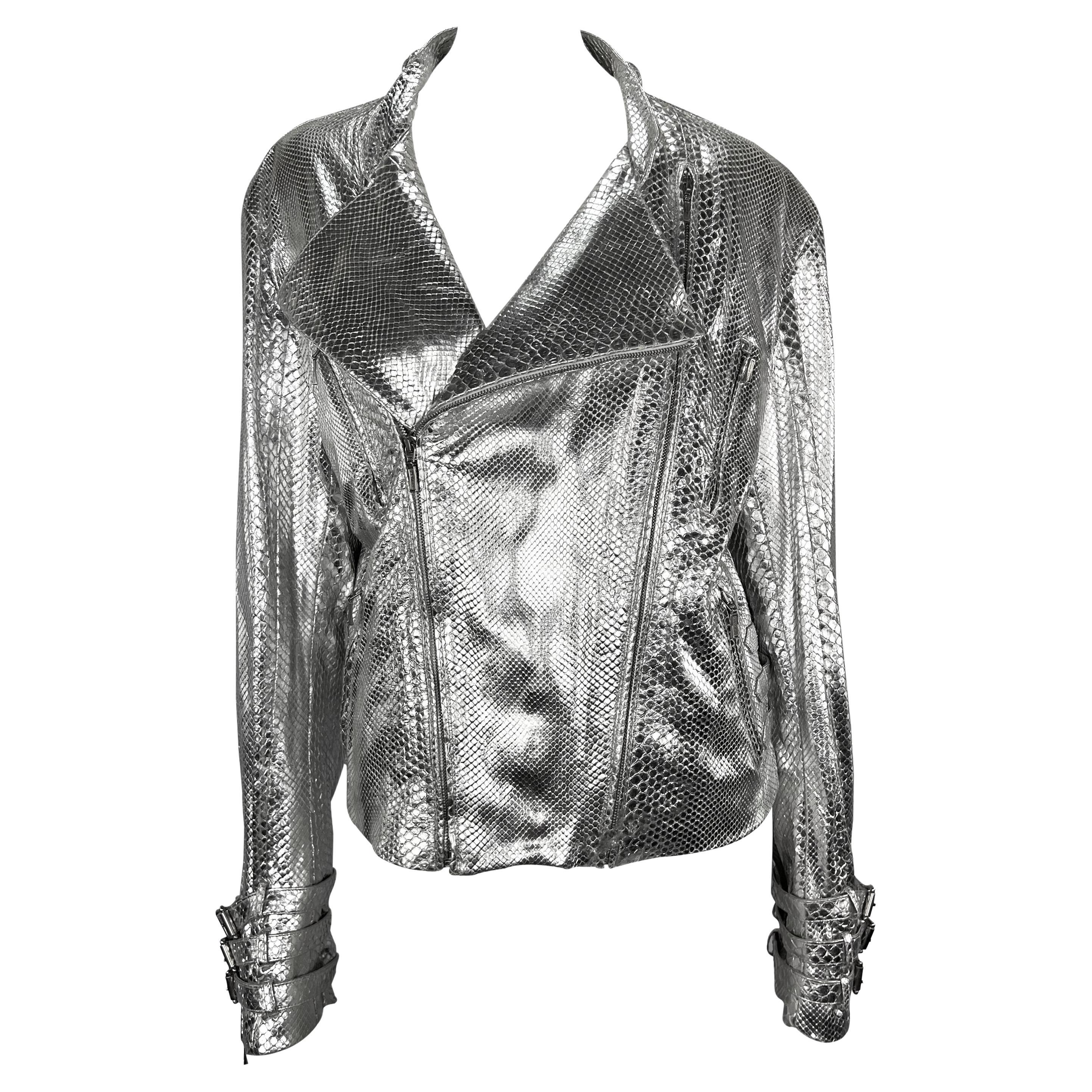 F/W 2000 Gianni Versace by Donatella Mens Runway Silver Python Moto Zip Jacket