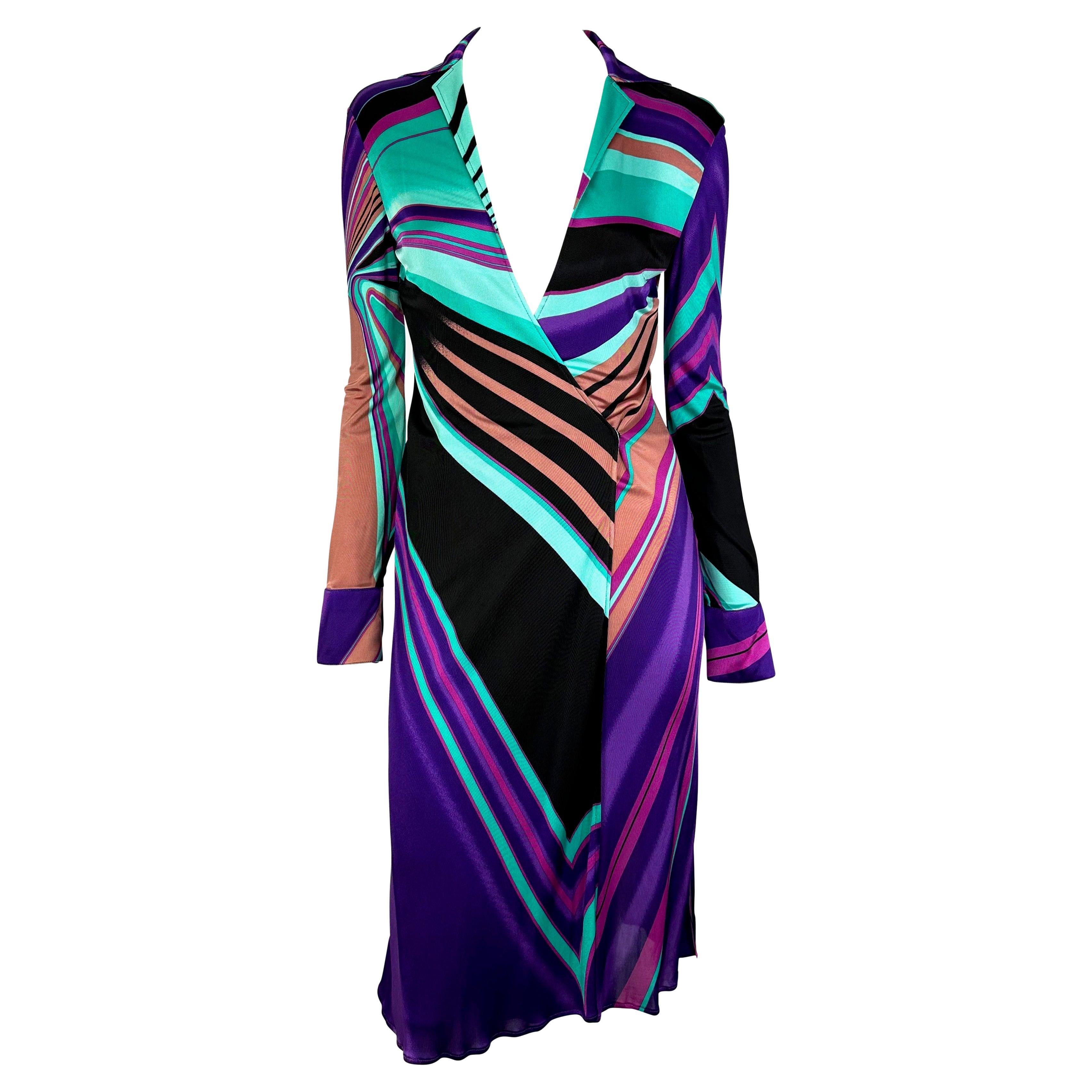 F/W 2000 Gianni Versace by Donatella Multicolor Abstract Plunge Stretch Dress  For Sale
