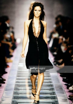 F/W 2000 Gianni Versace by Donatella Runway Sheer Black Lace Halter Dress