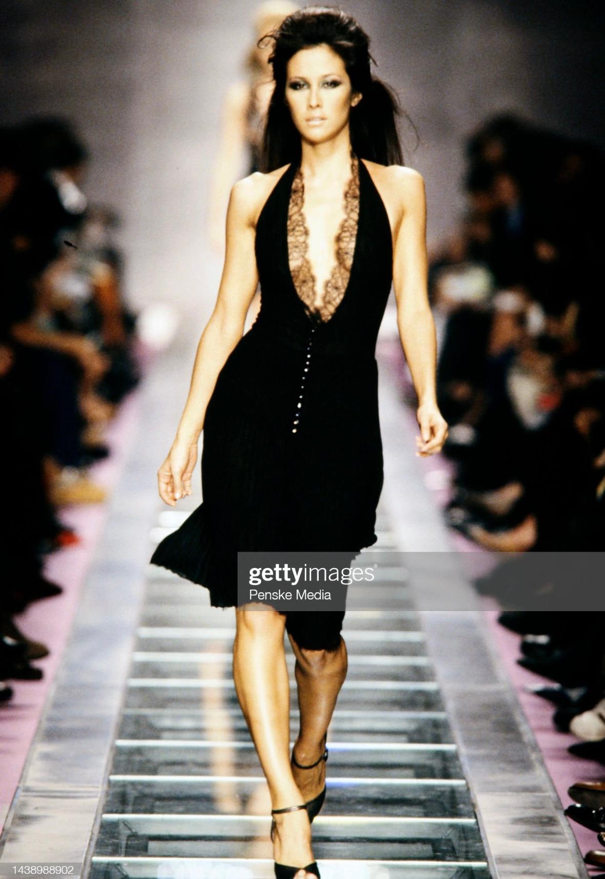 Women's F/W 2000 Gianni Versace by Donatella Runway Sheer Black Lace Halter Dress