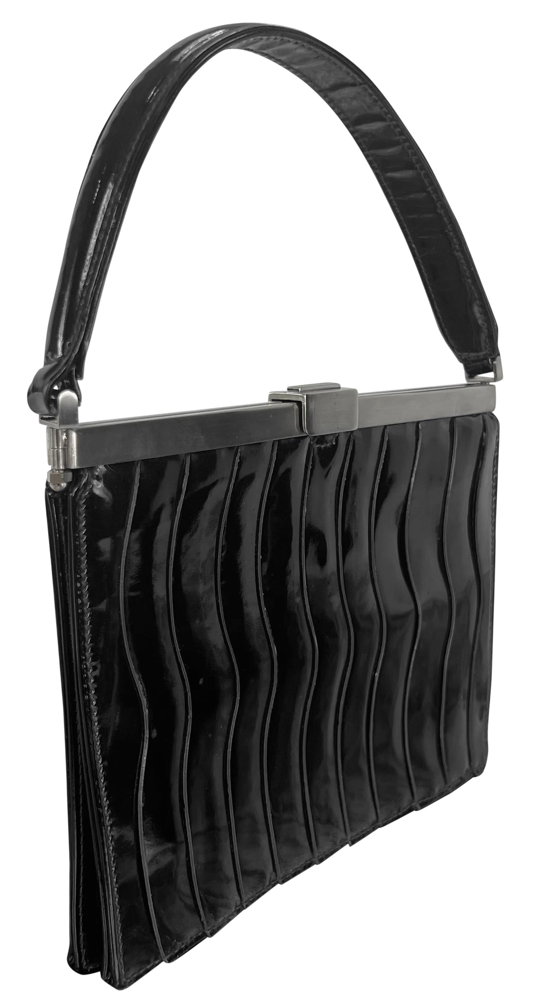 F/W 2000 Giorgio Armani Ad Black Patent Leather Scallop Panel Frame Mini Bag For Sale 6