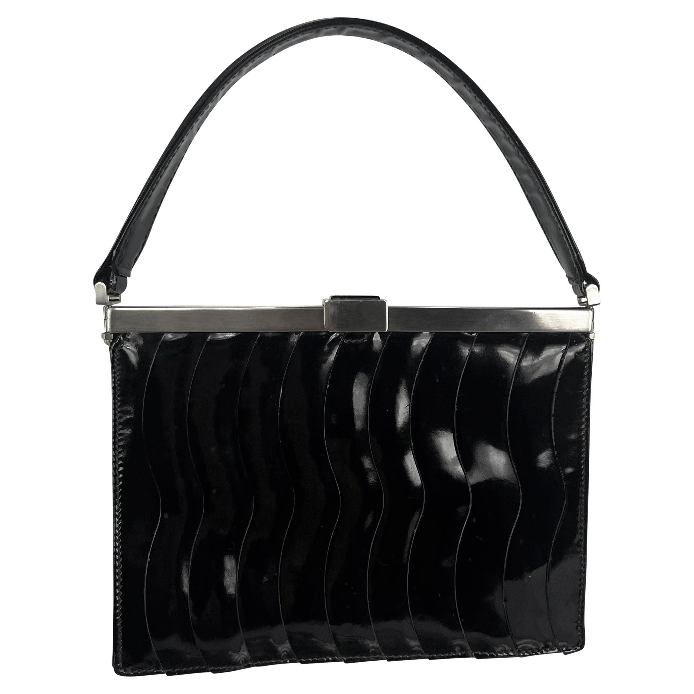 F/W 2000 Giorgio Armani Ad Black Patent Leather Scallop Panel Frame Mini Bag For Sale