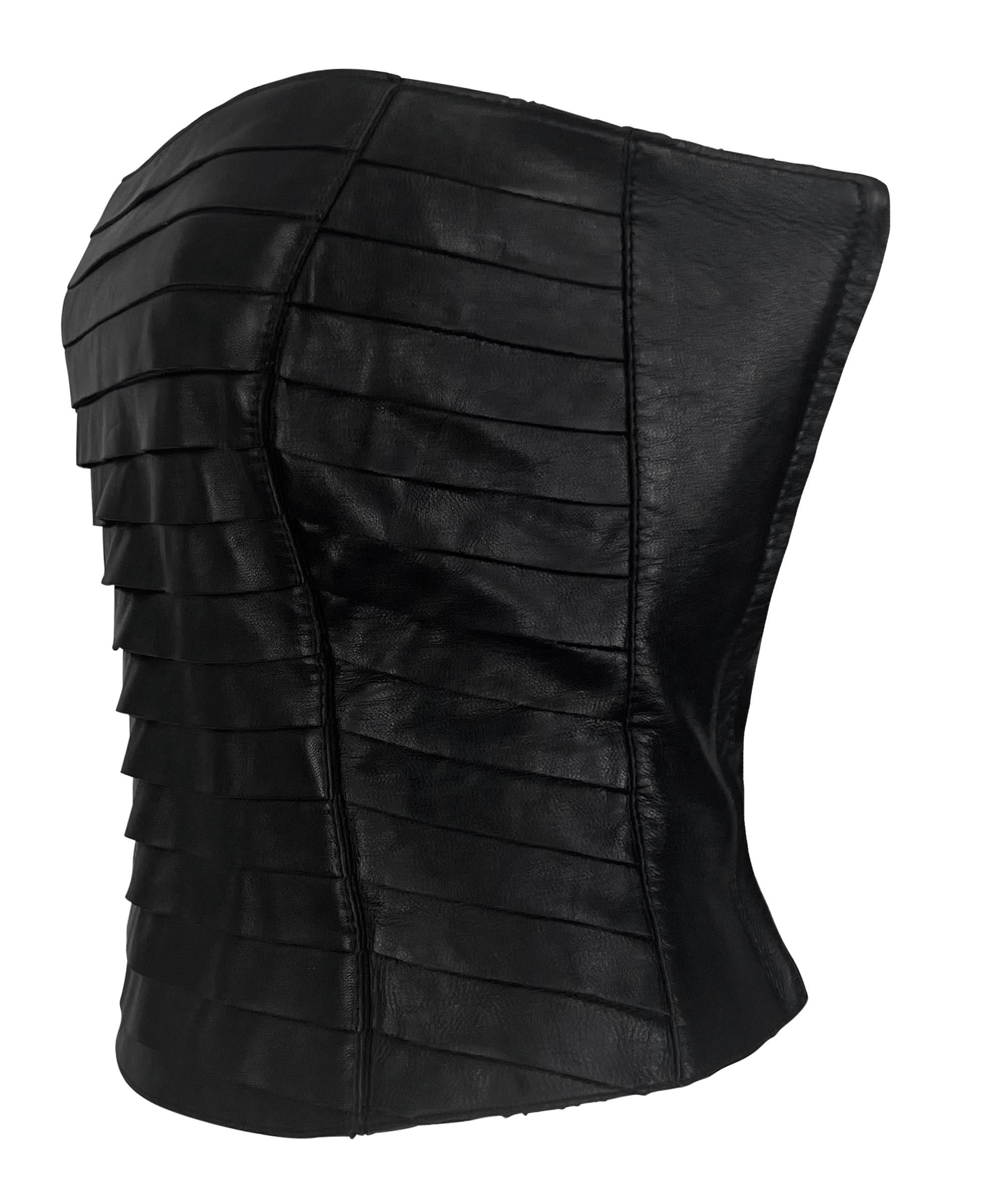 Women's F/W 2000 Giorgio Armani Black Leather Strip Strapless Bustier Crop Top For Sale