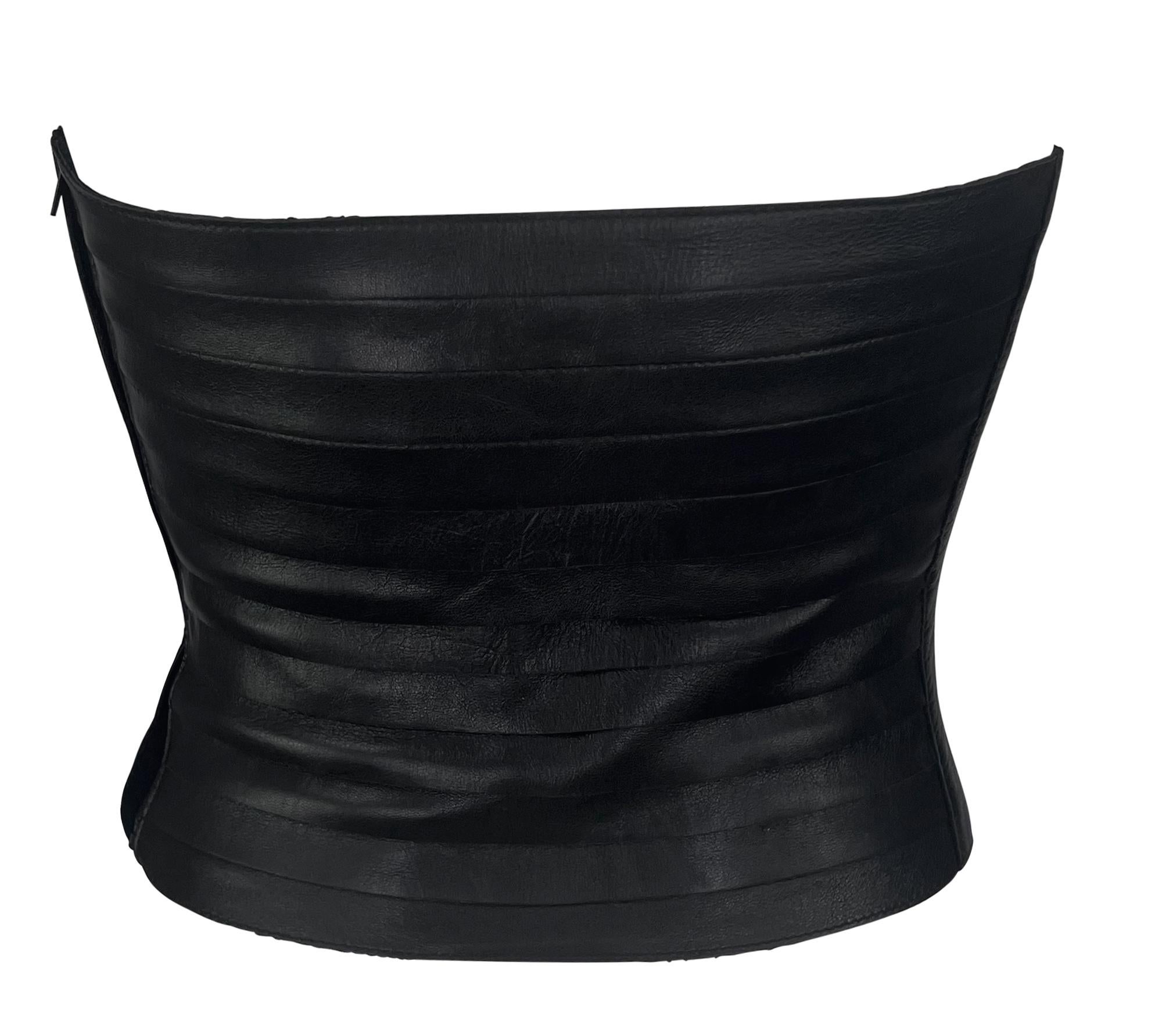 F/W 2000 Giorgio Armani Black Leather Strip Strapless Bustier Crop Top For Sale 1