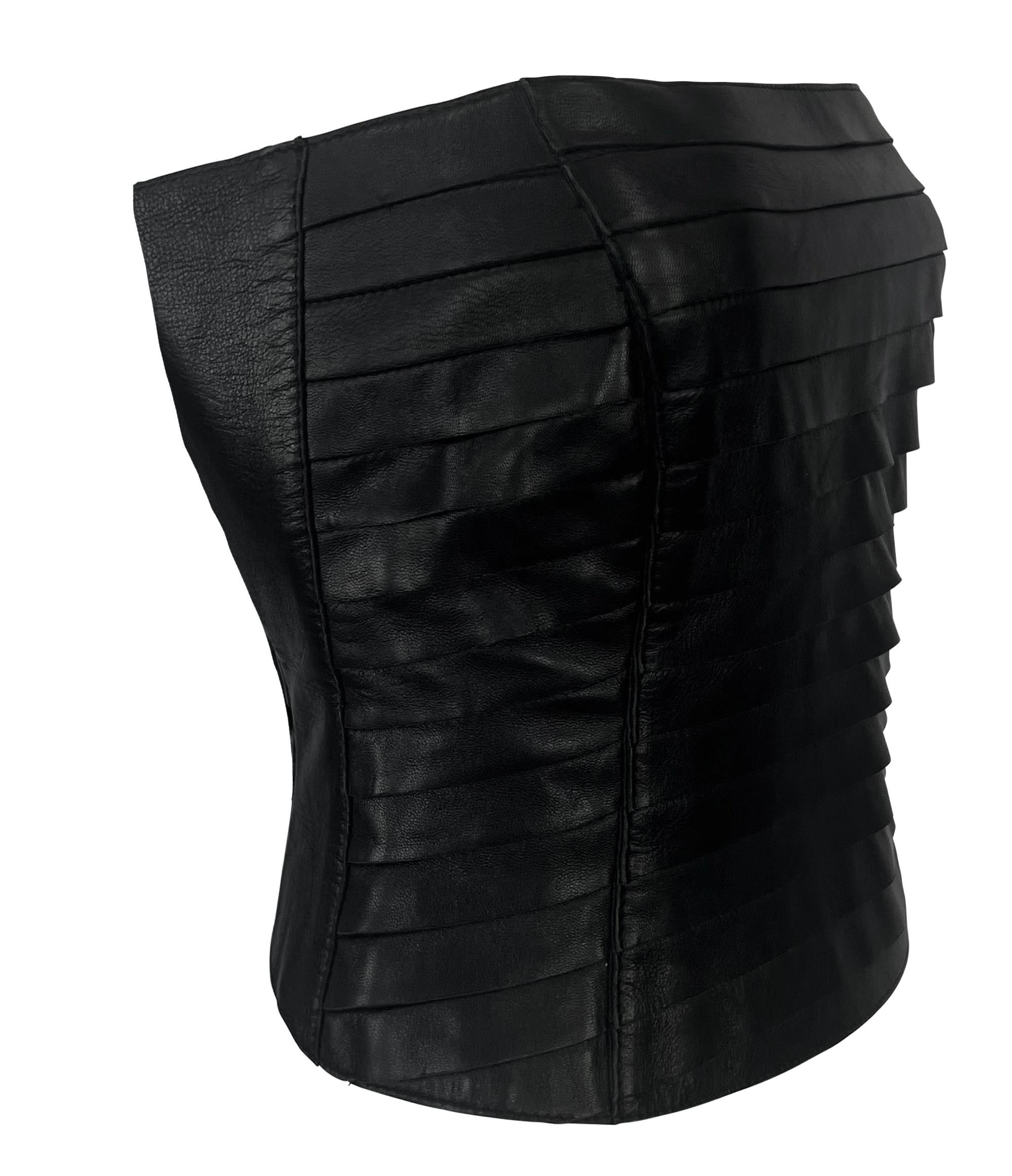 F/W 2000 Giorgio Armani Black Leather Strip Strapless Bustier Crop Top For Sale 3