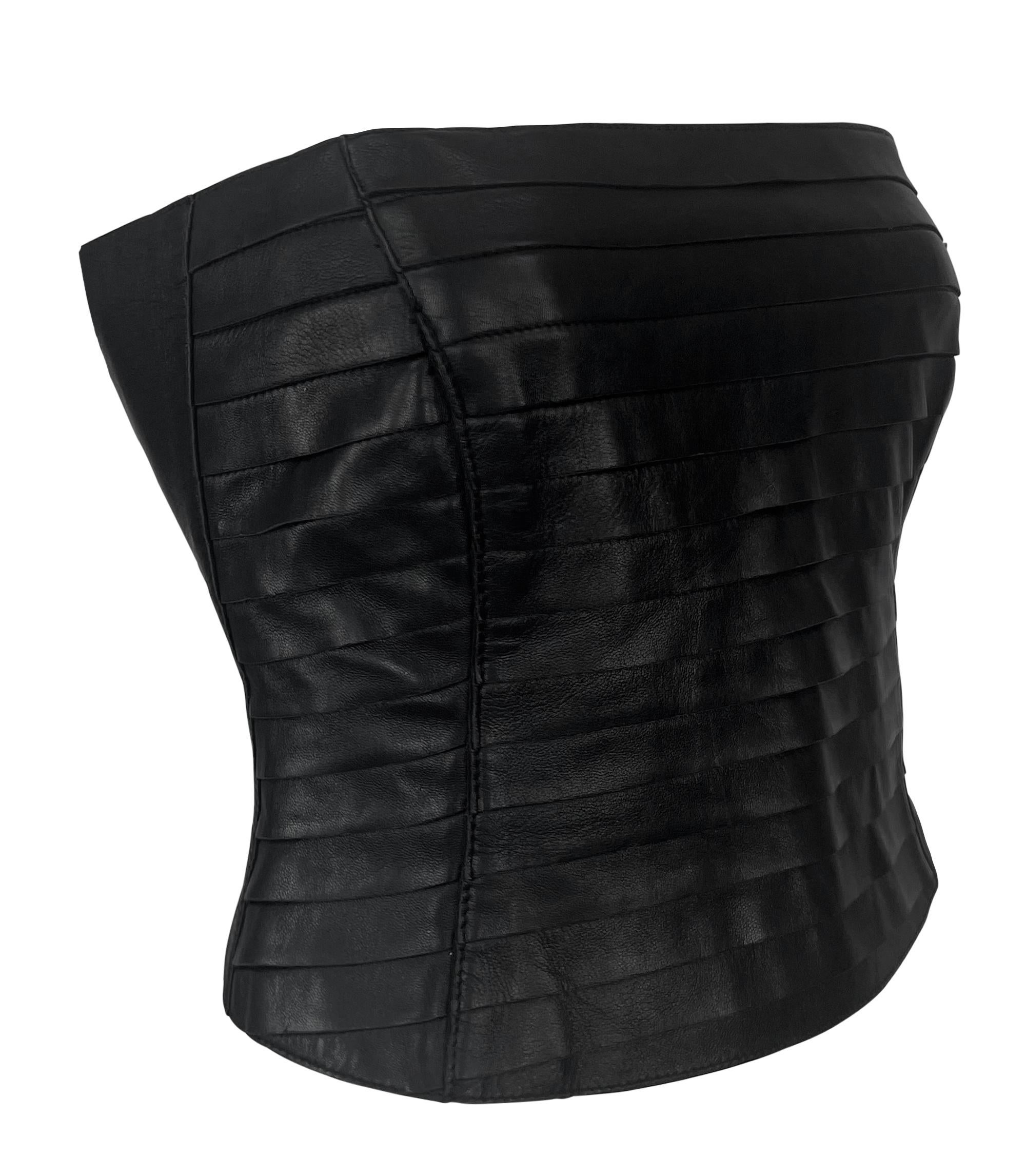 F/W 2000 Giorgio Armani Black Leather Strip Strapless Bustier Crop Top For Sale 4