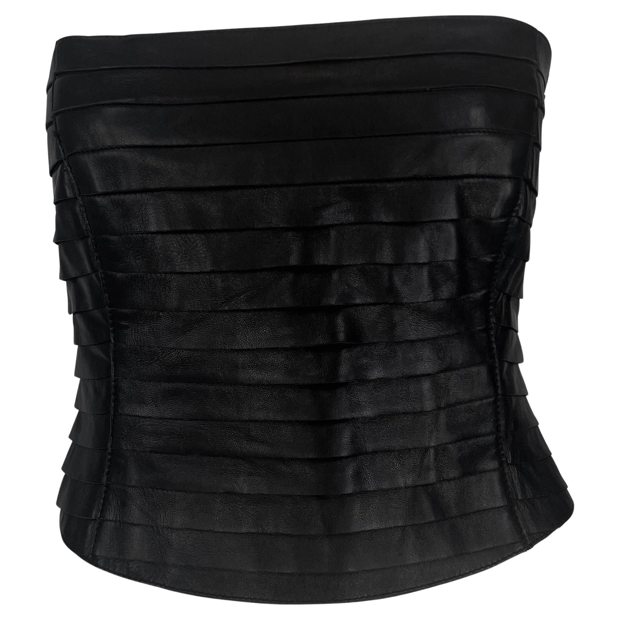 F/W 2000 Giorgio Armani Black Leather Strip Strapless Bustier Crop Top For Sale