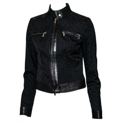 A/I 2000 Gucci by Tom Ford Giacca Moto in Denim e Pelle con Monogramma GG Nero Vintage