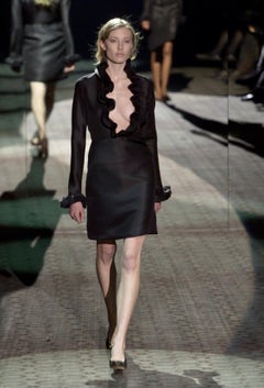 F/W 2000 Gucci by Tom Ford Black Silk Ruffle Plunging Dress