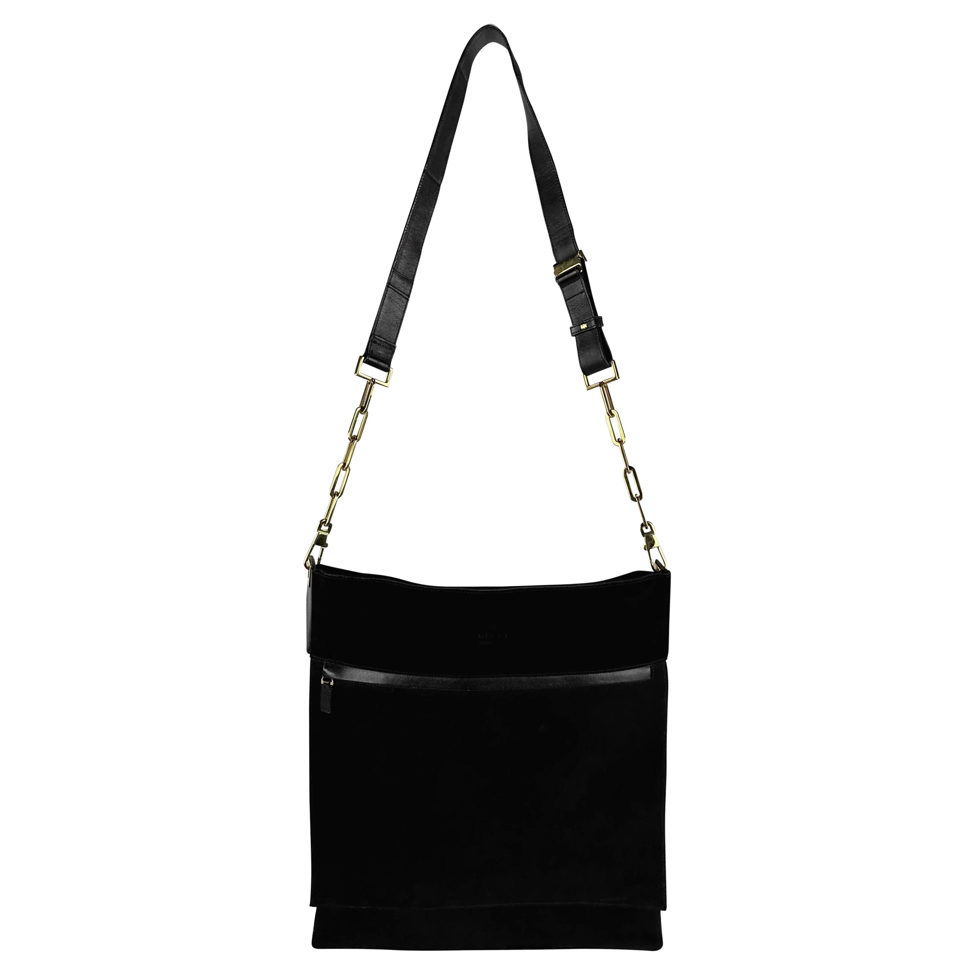 F/W 2000 Gucci by Tom Ford Black Suede Men's Runway Large Shoulder Bag For Sale