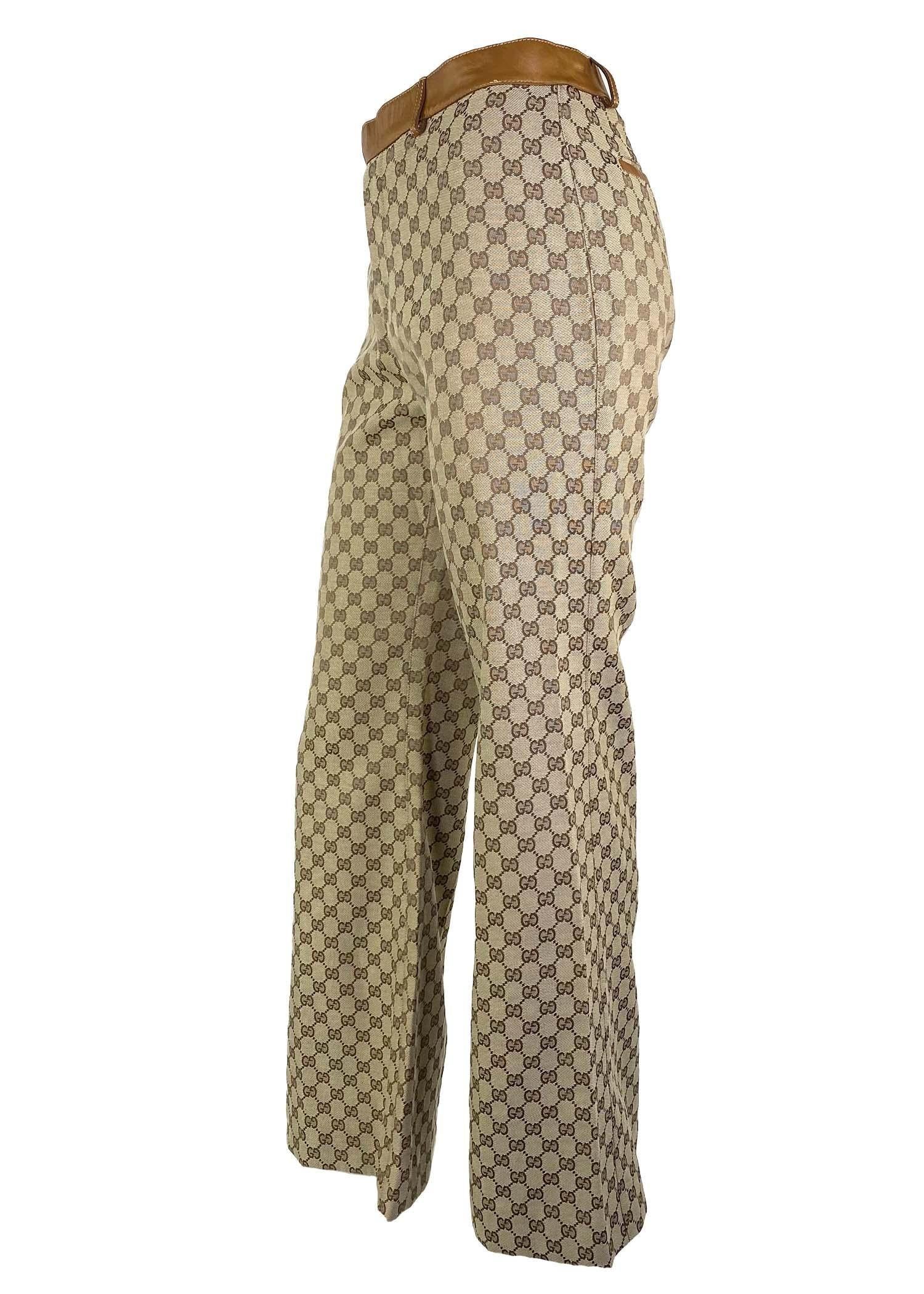 Marron Gucci by Tom Ford GG Pantalon large bordé de cuir avec monogramme Y2K, A/H 2000 en vente