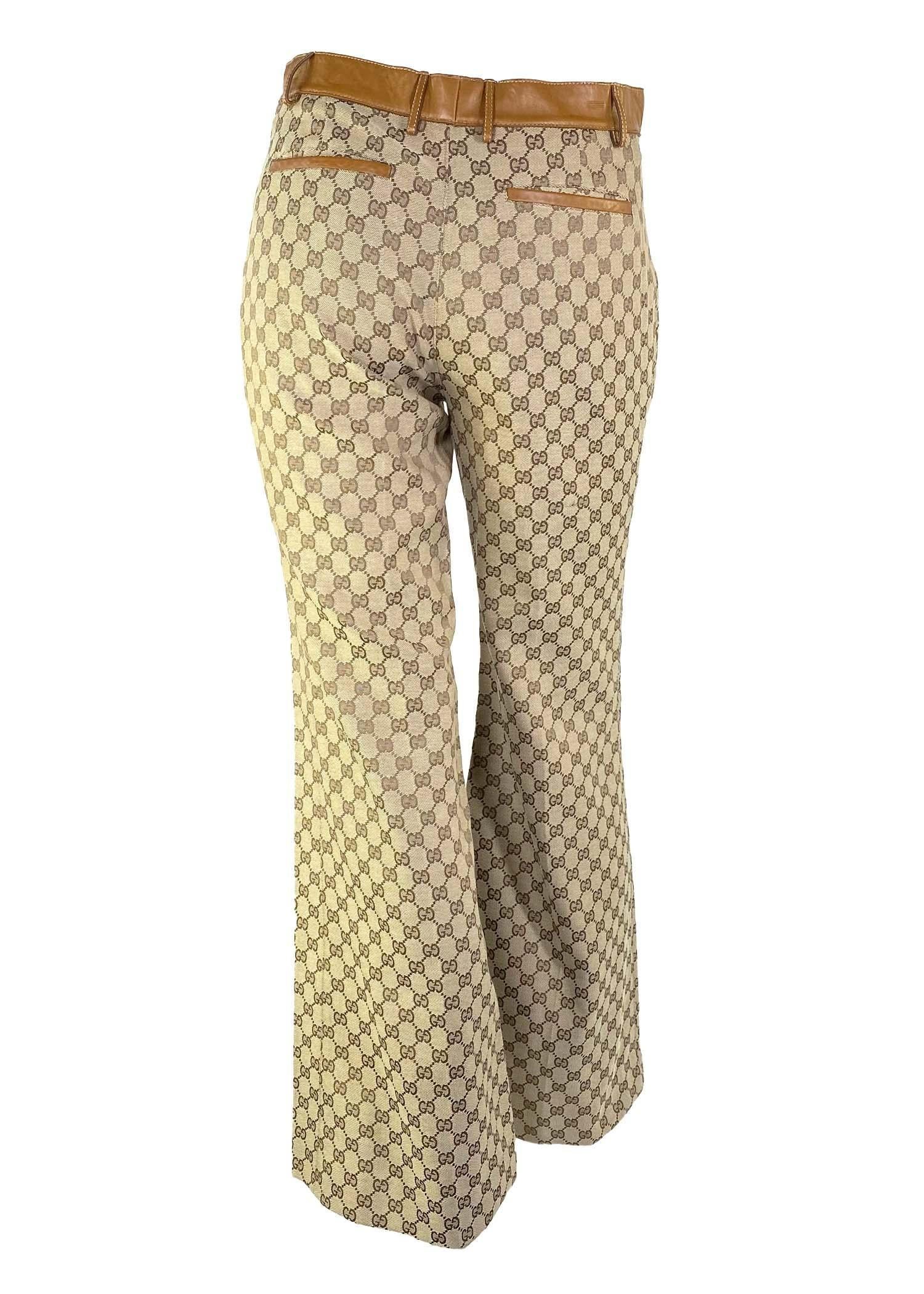 Gucci by Tom Ford GG Pantalon large bordé de cuir avec monogramme Y2K, A/H 2000 Pour femmes en vente