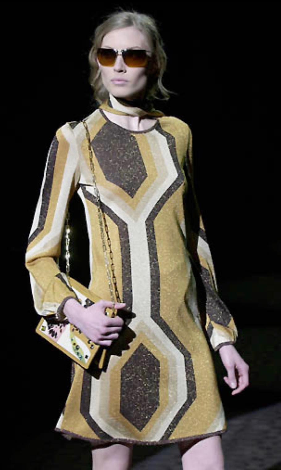F/W 2000 Gucci by Tom Ford Gold Lurex Geometric Disco Stretch Shift Dress In Good Condition For Sale In West Hollywood, CA