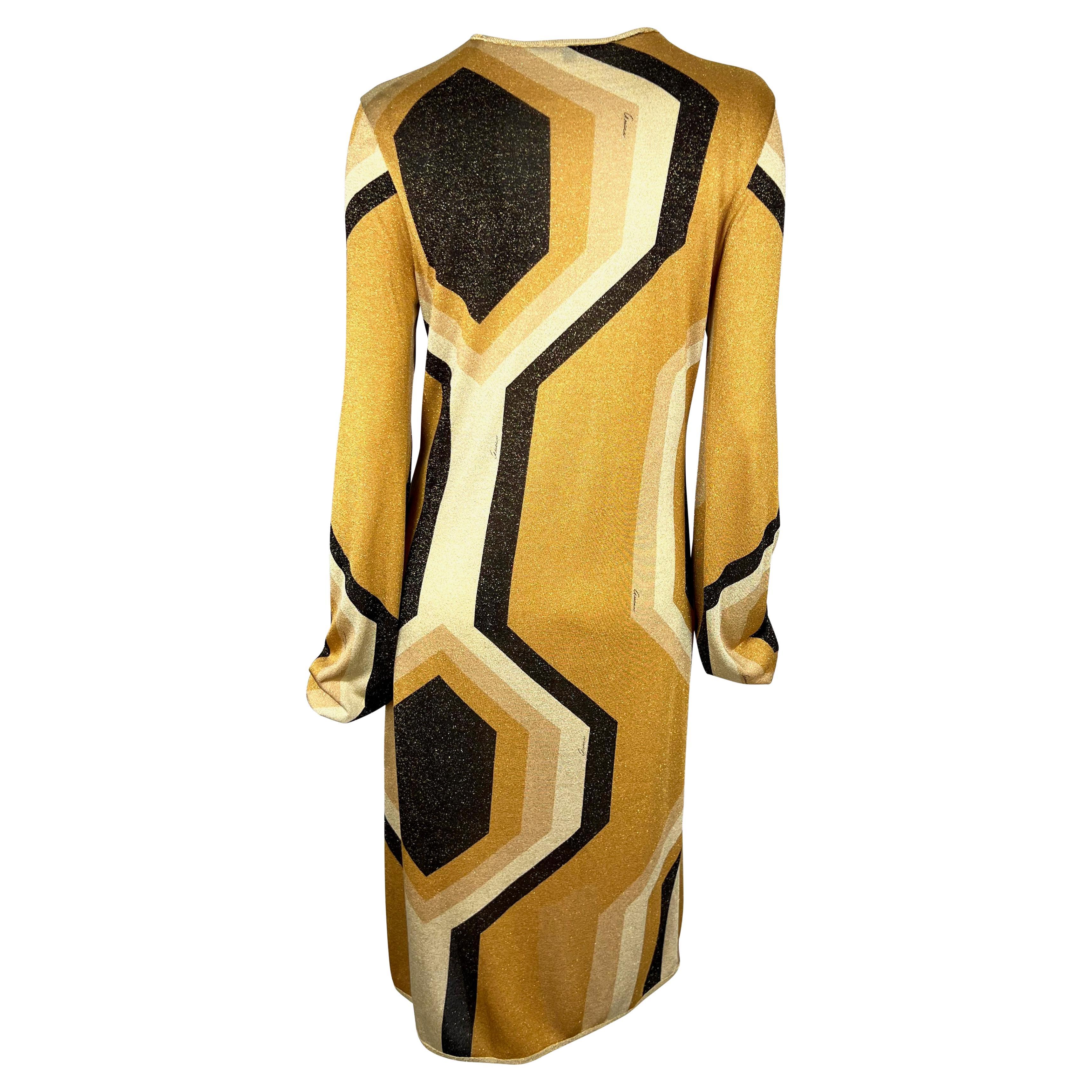 Women's F/W 2000 Gucci by Tom Ford Gold Lurex Geometric Disco Stretch Shift Dress For Sale